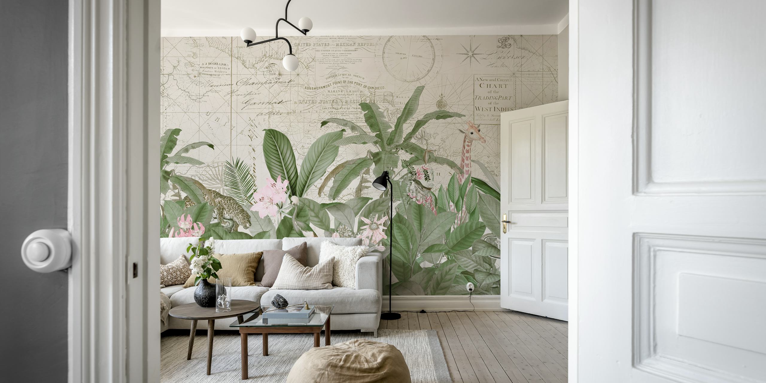Lush tropical foliage with animals and vintage map wallpaper