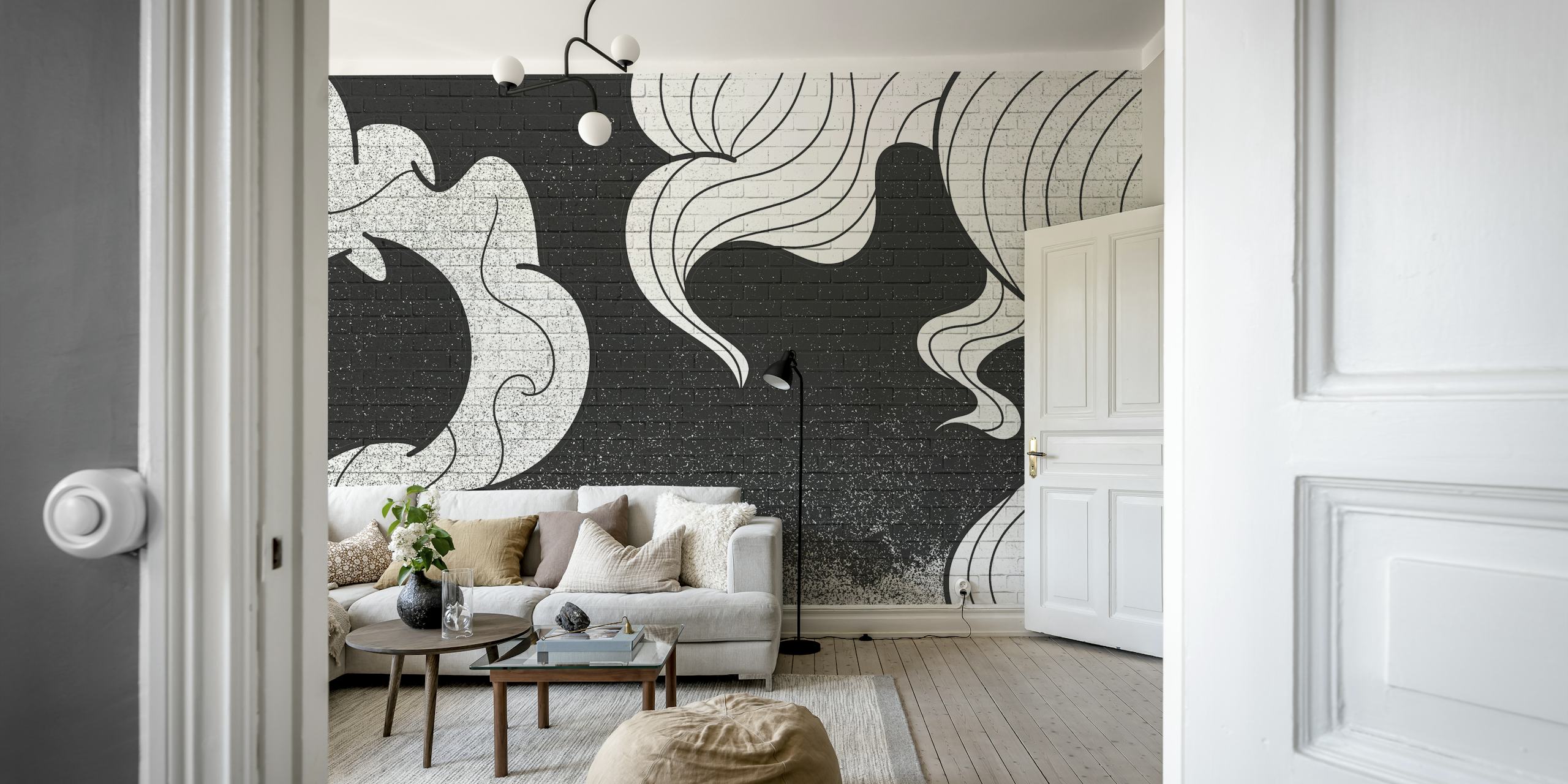 Monochromes Wandgemälde mit Rauch-Graffiti-Muster für modernes Dekor
