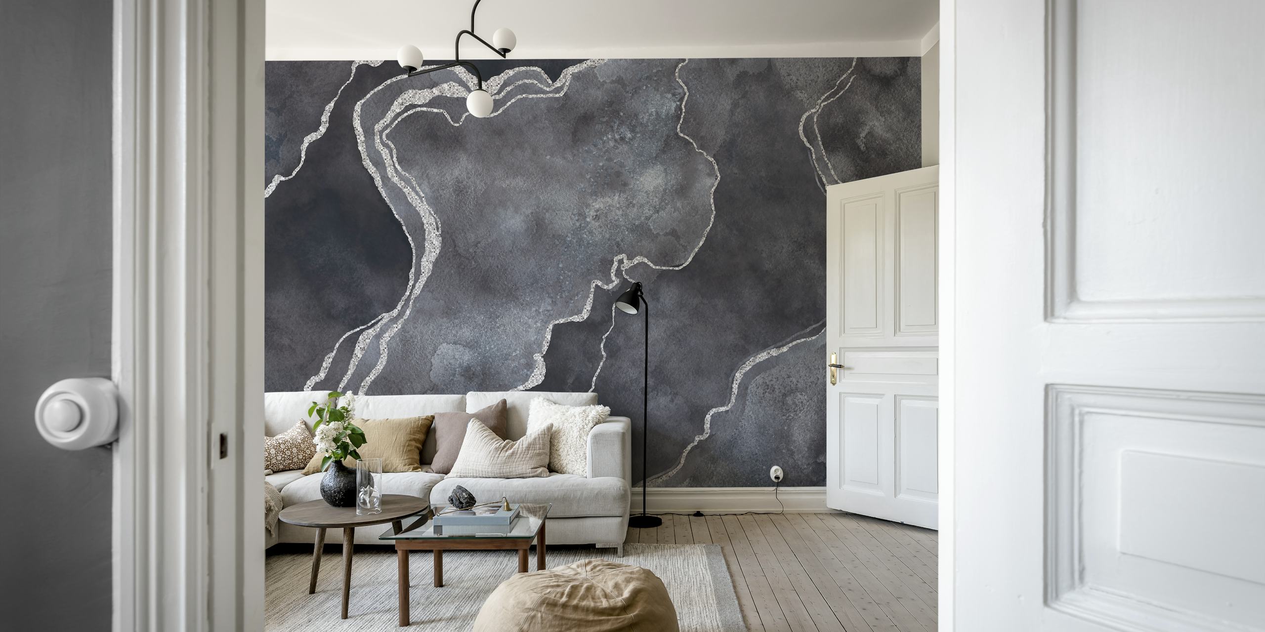 Grey gemstone marble pattern with white veining wallpaper
