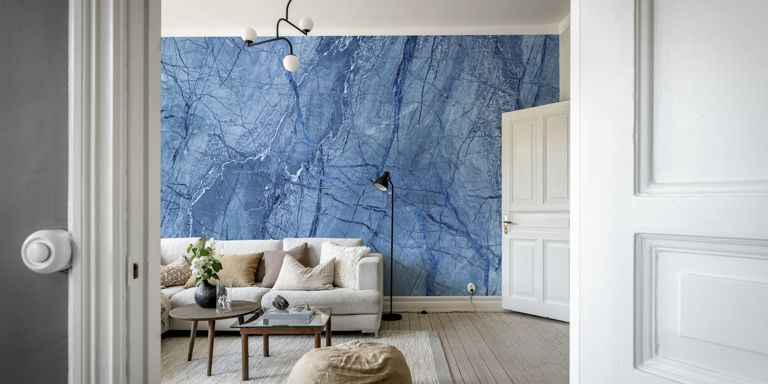 Deep blue marble pattern with dark veining wallpaper