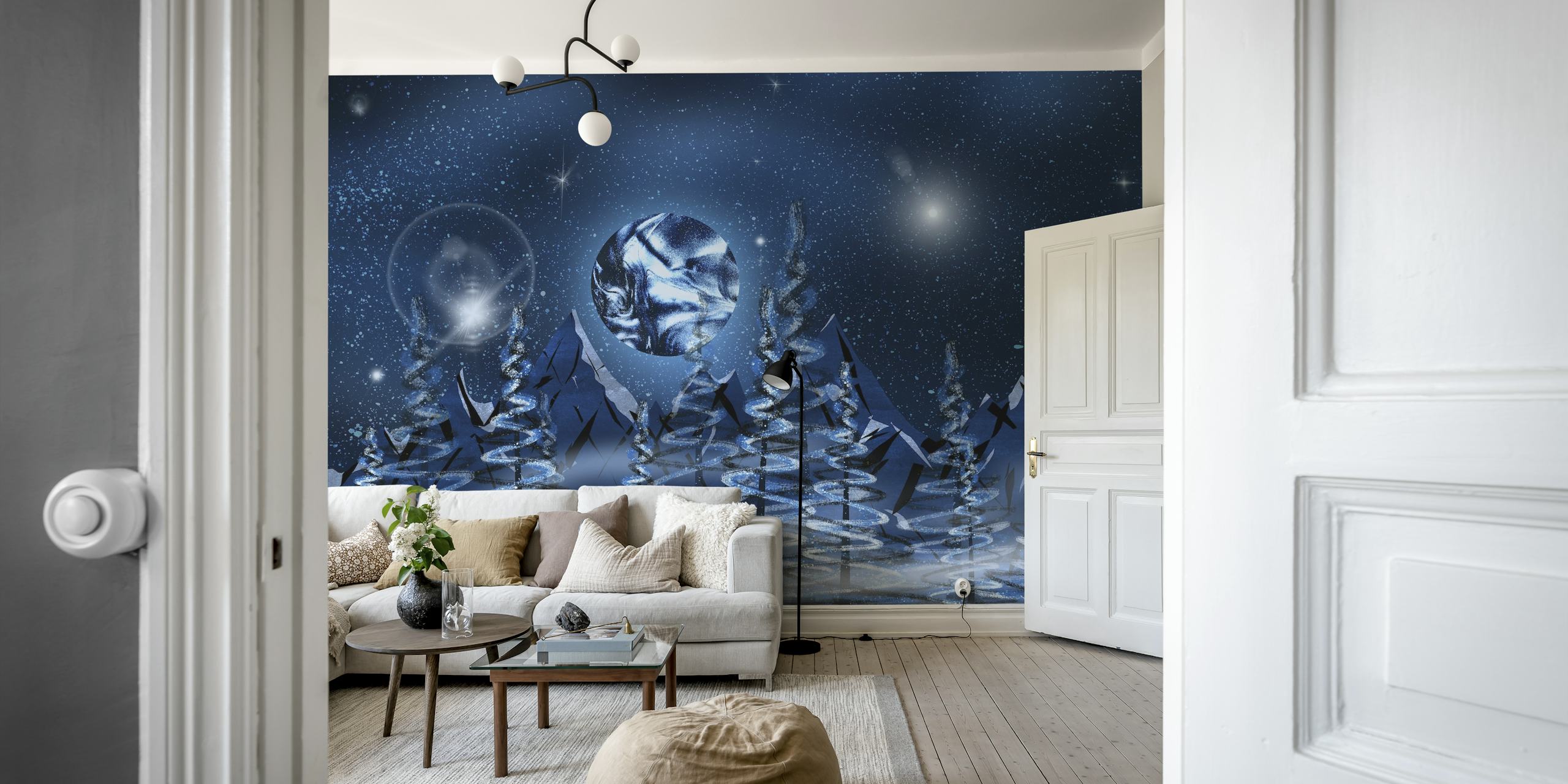 Christmas forest by full moon wallpaper design