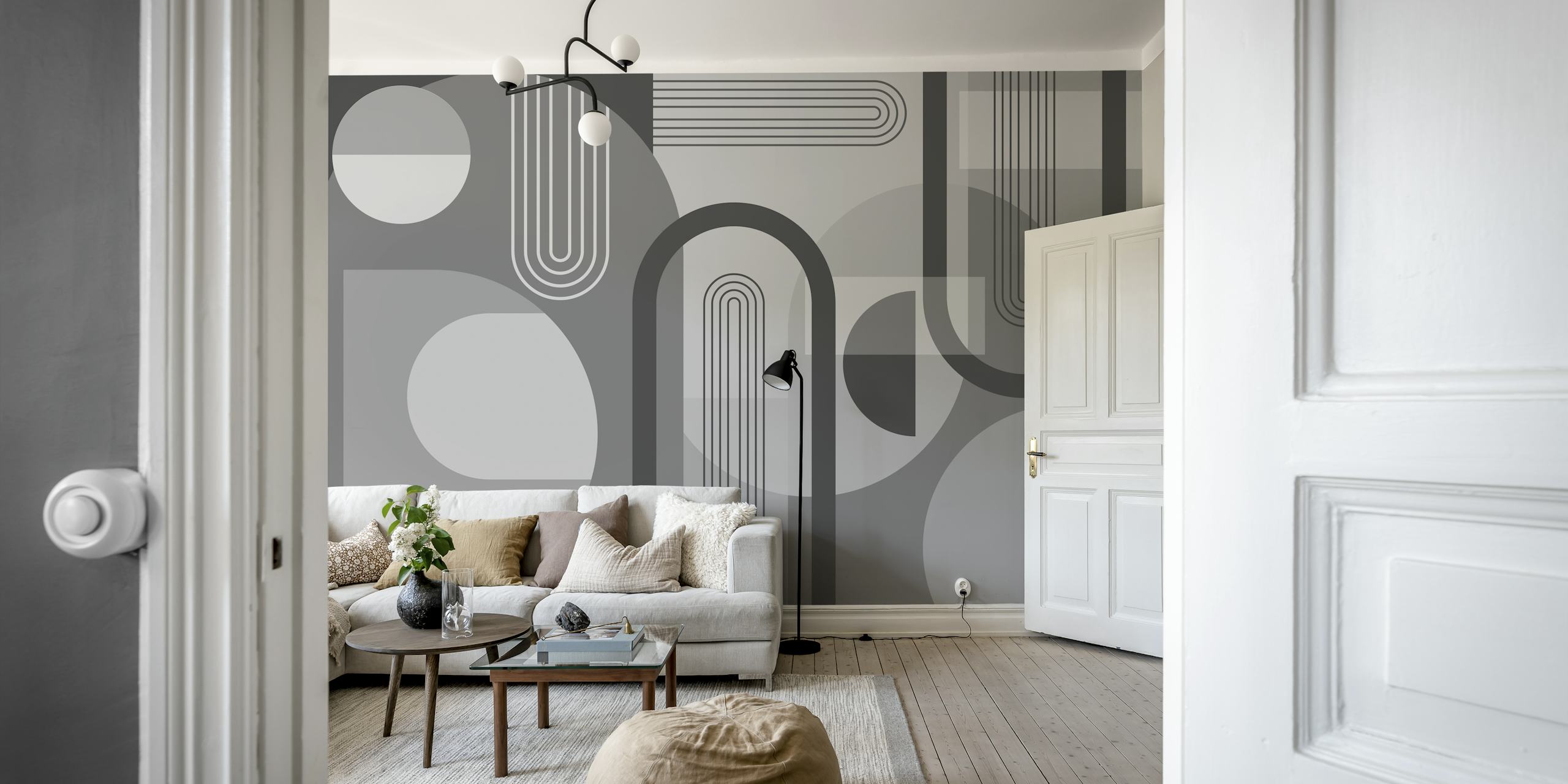 Mural de parede com arcos abstratos em tons de cinza para decoração contemporânea