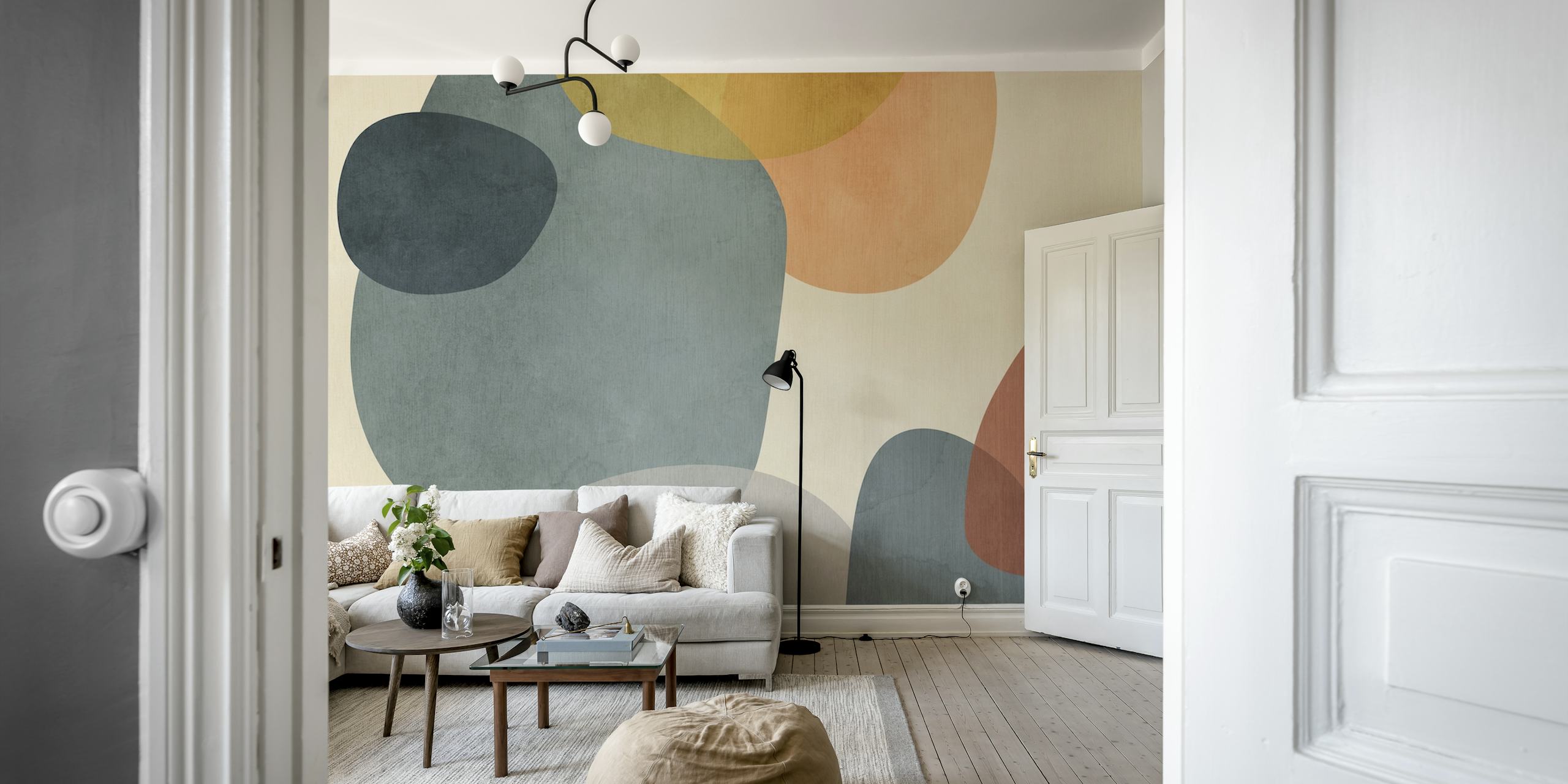 Abstract shapes in teal, orange, and gray patterned wallpaper