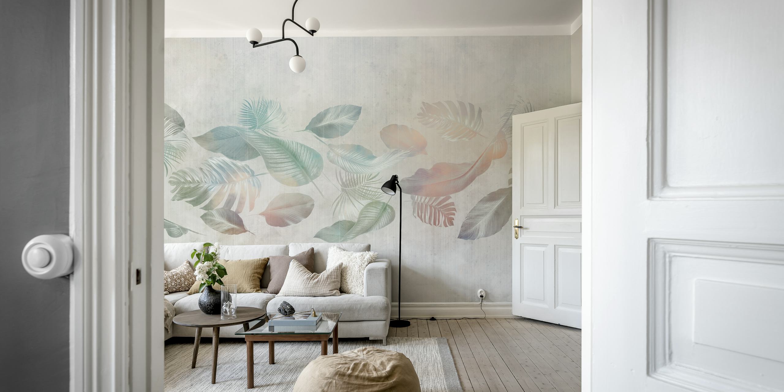 Watercolor tropical leaves in soft pastels wallpaper