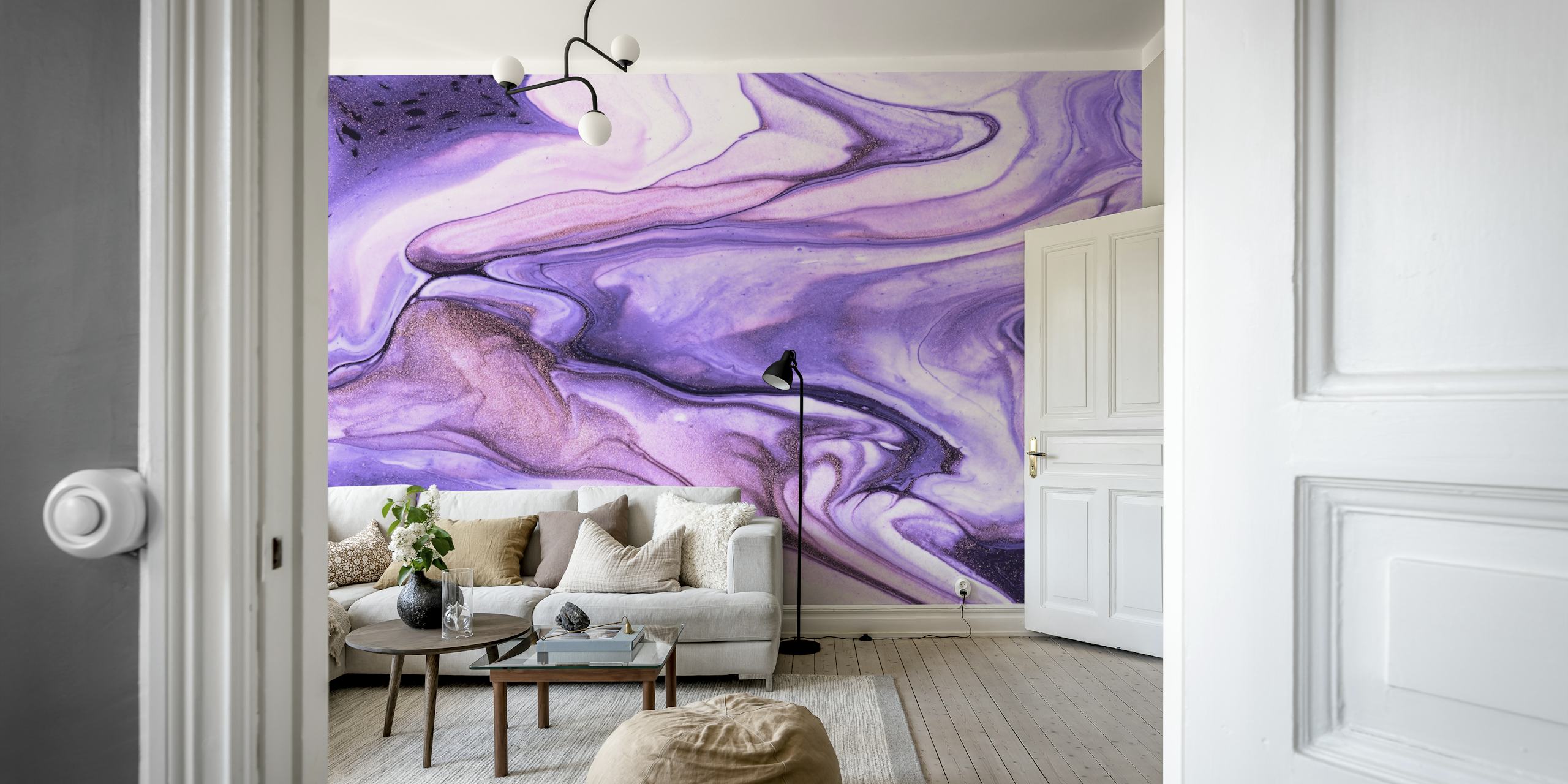 Αφηρημένο Purple fluid marble τοιχογραφία με λιλά, δαμάσκηνο και μπεζ στροβιλίσματα