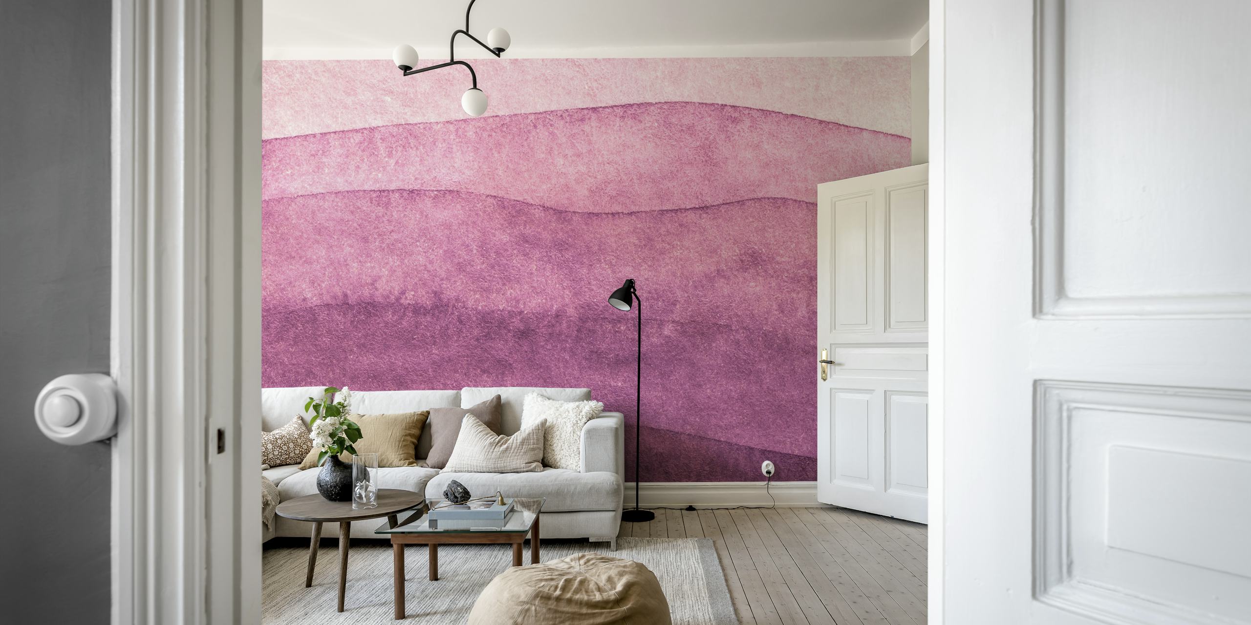 Purple watercolor waves wallpaper in a room