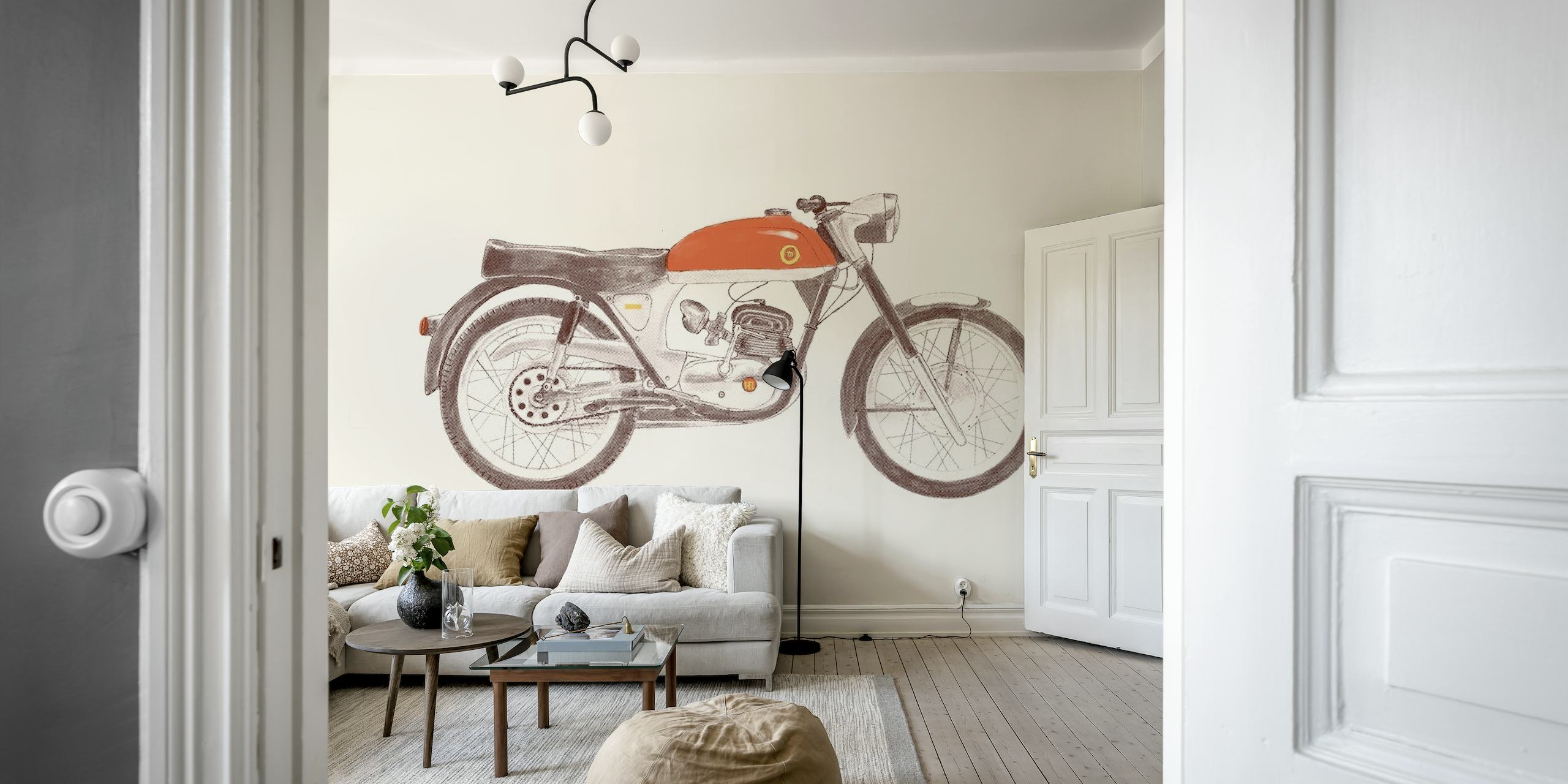 Vintage moottoripyörän seinämaalaus taiteellisella luonnostyylillä