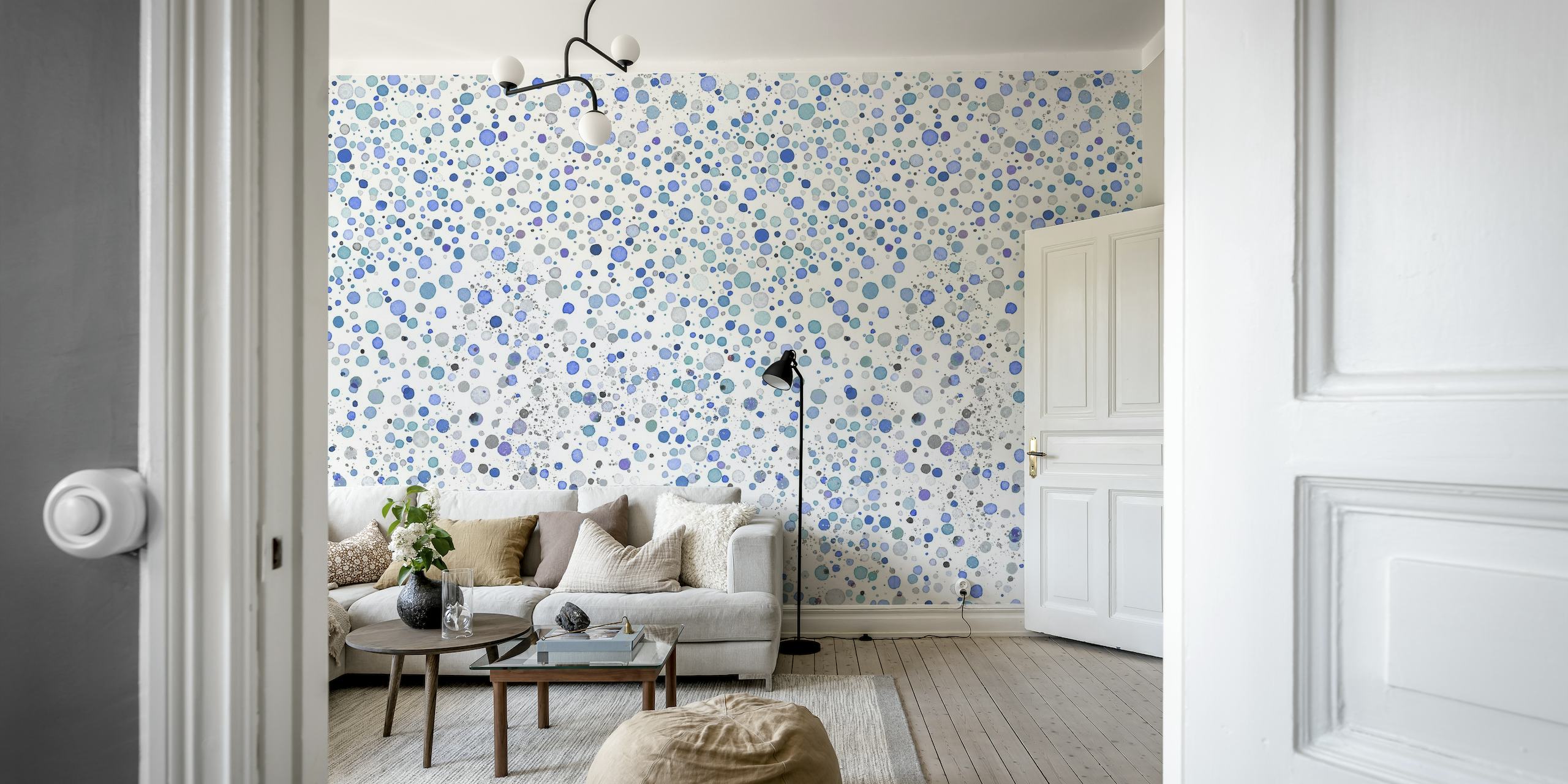 Abstract confetti dots pattern in shades of blue and indigo on a wall mural