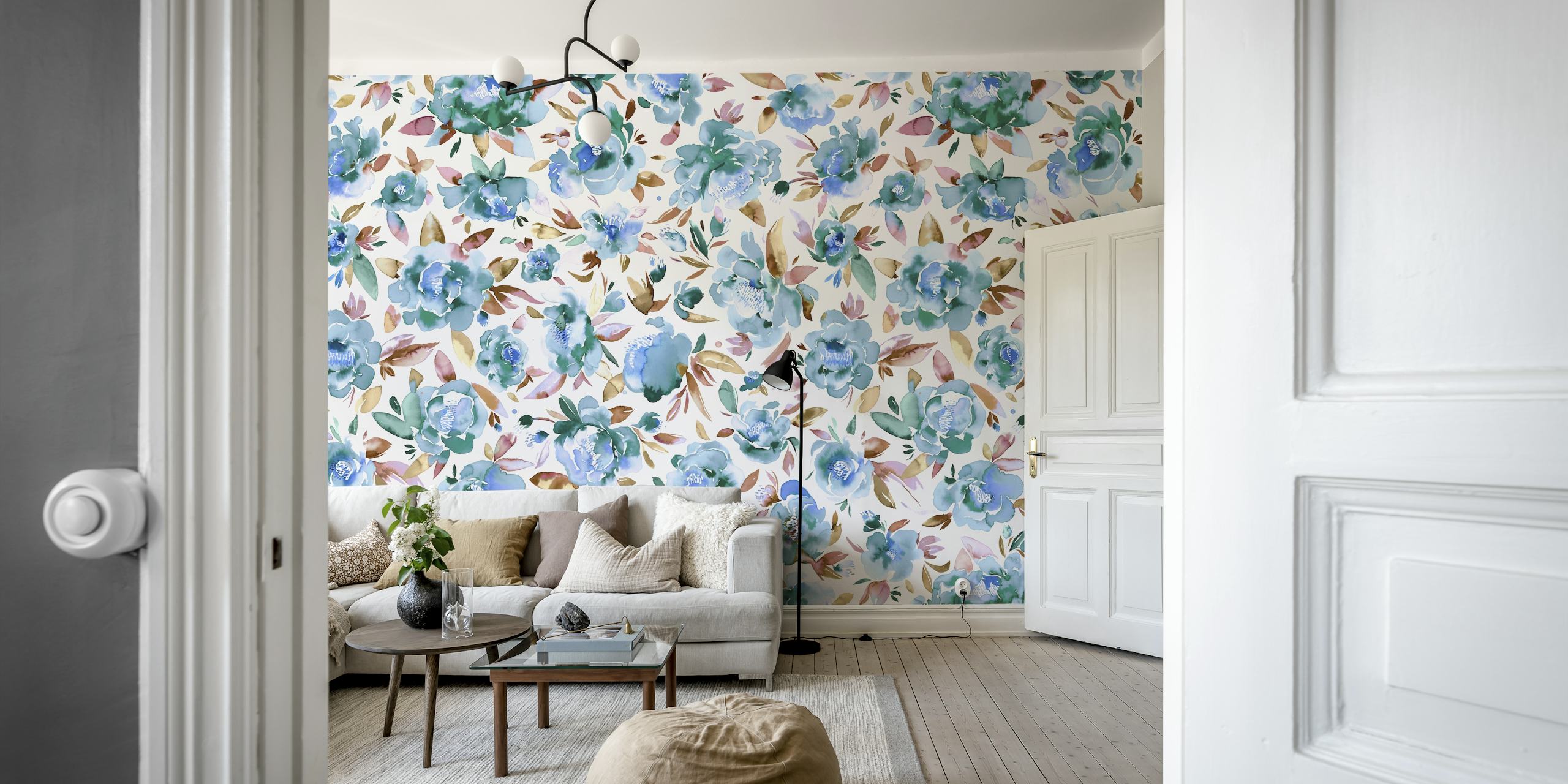 Watercolor blue peonies floral pattern wallpaper