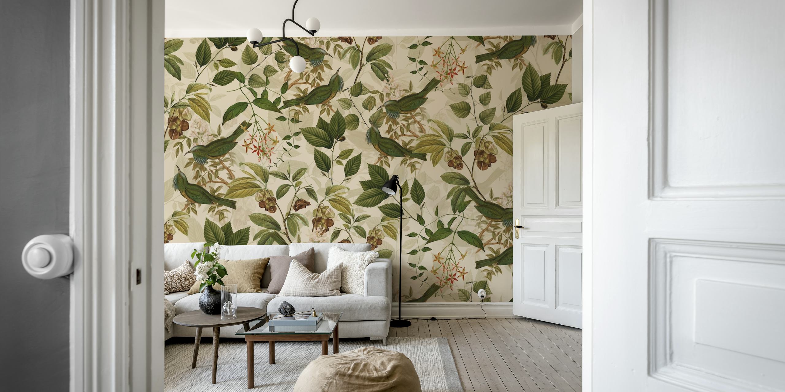 Tropical bird and floral pattern wall mural