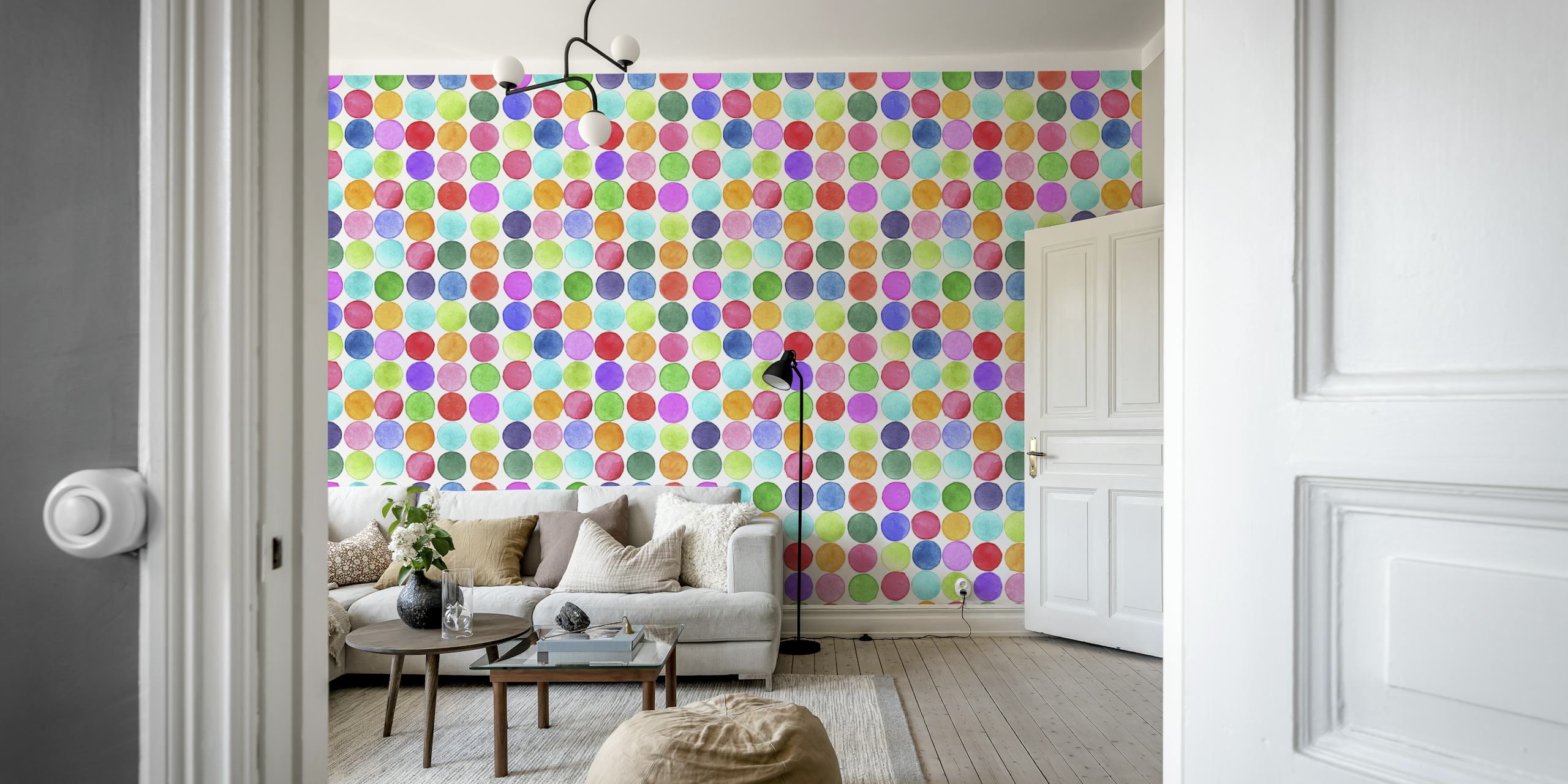 Colorful watercolor dots in various shades on a white background wallpaper