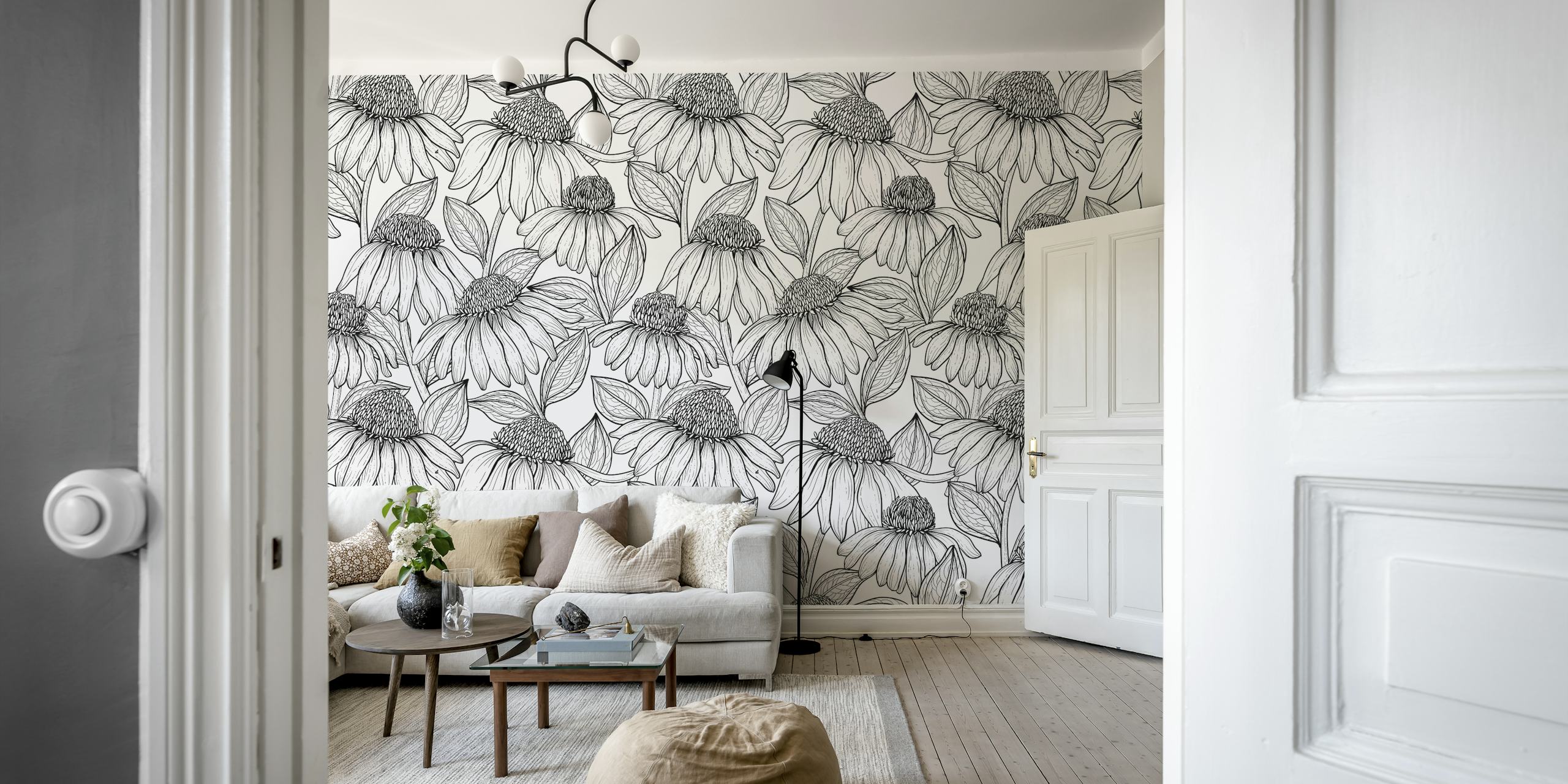 Coneflowers u crno-bijelom tapetu u sobi