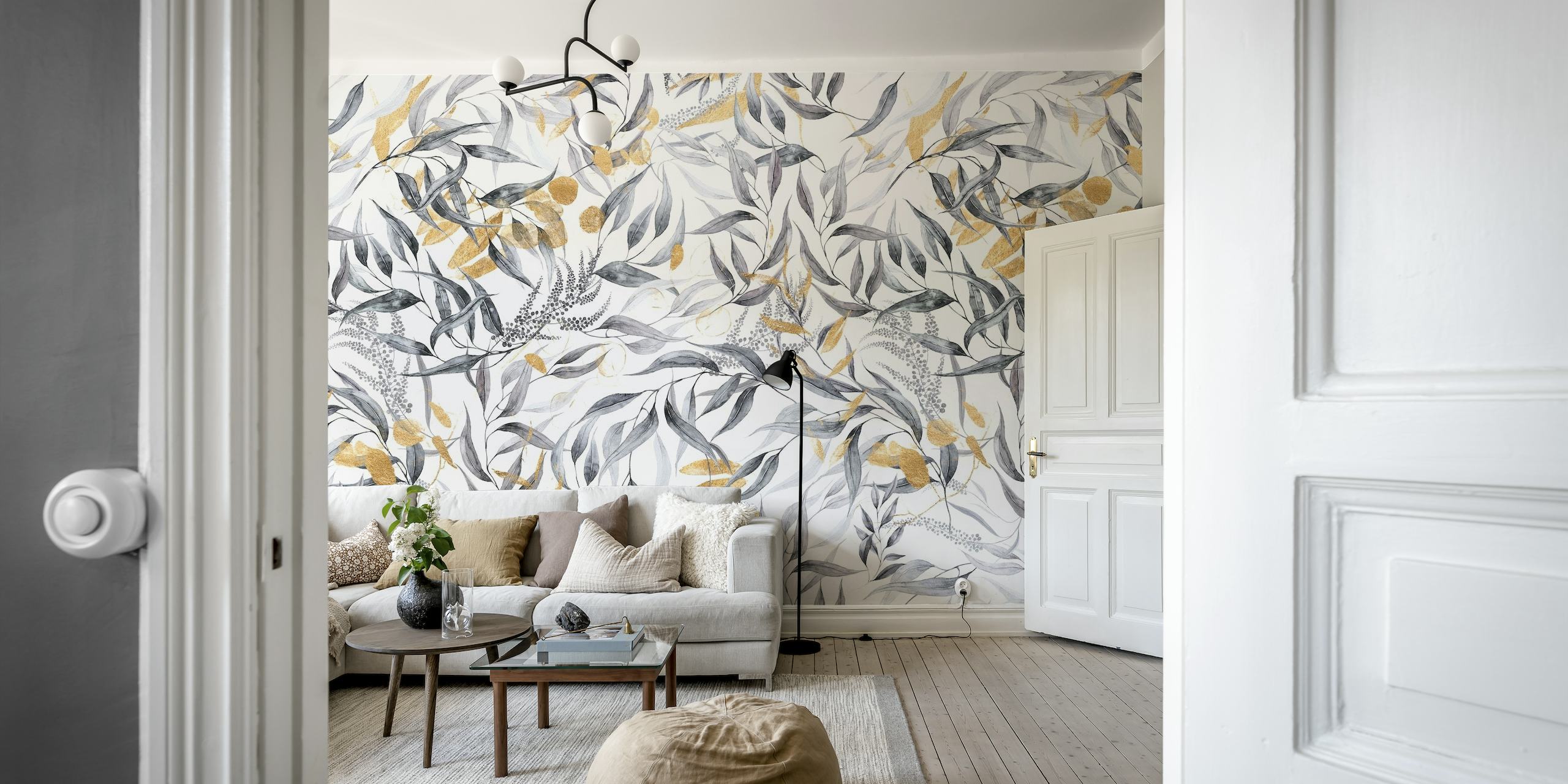 Greyish and golden leaves wallpaper