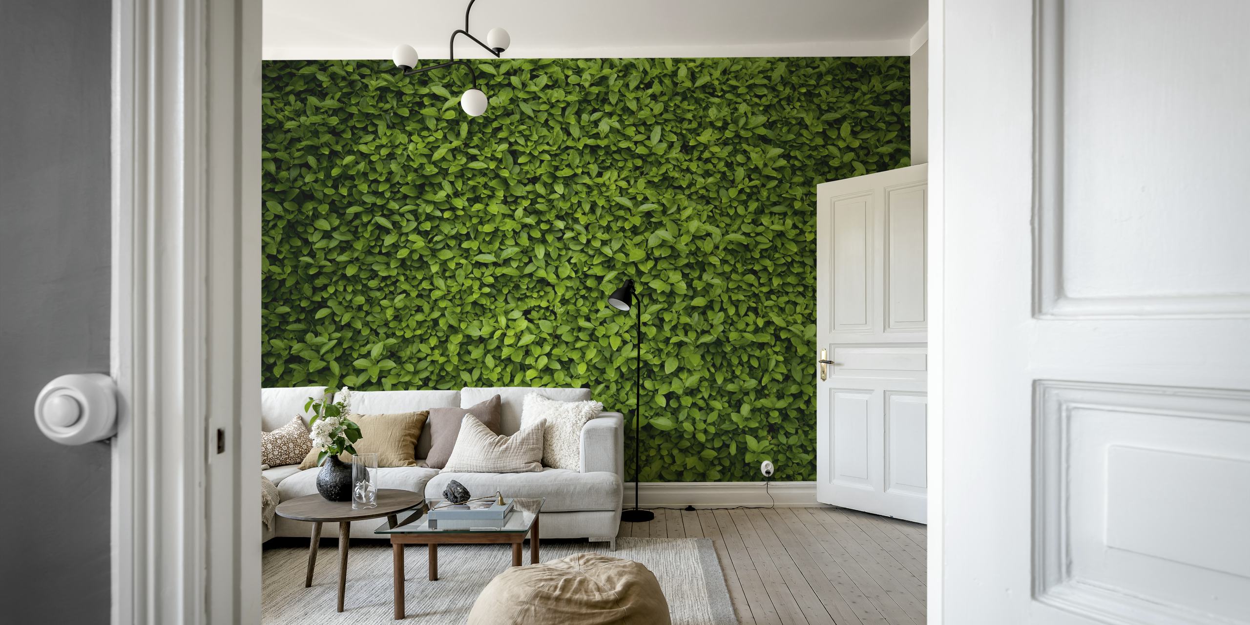 Lush green leaves wall mural in dense foliage texture wallpaper