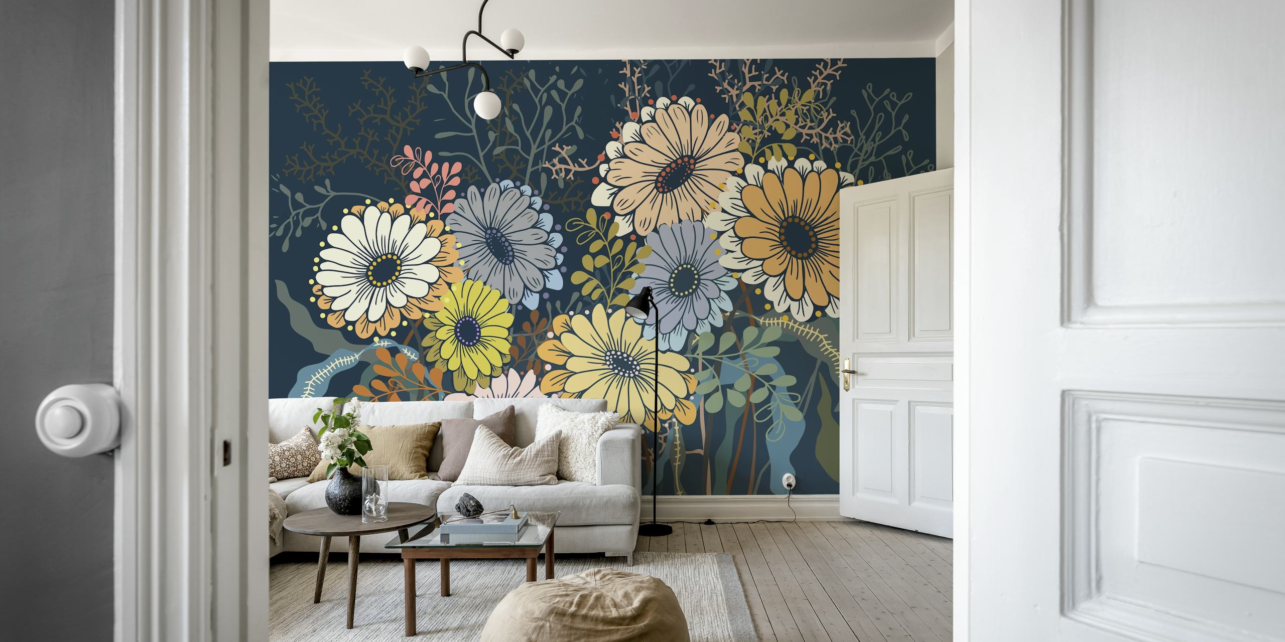 Colorful daisies with blue and orange flowers wallpaper