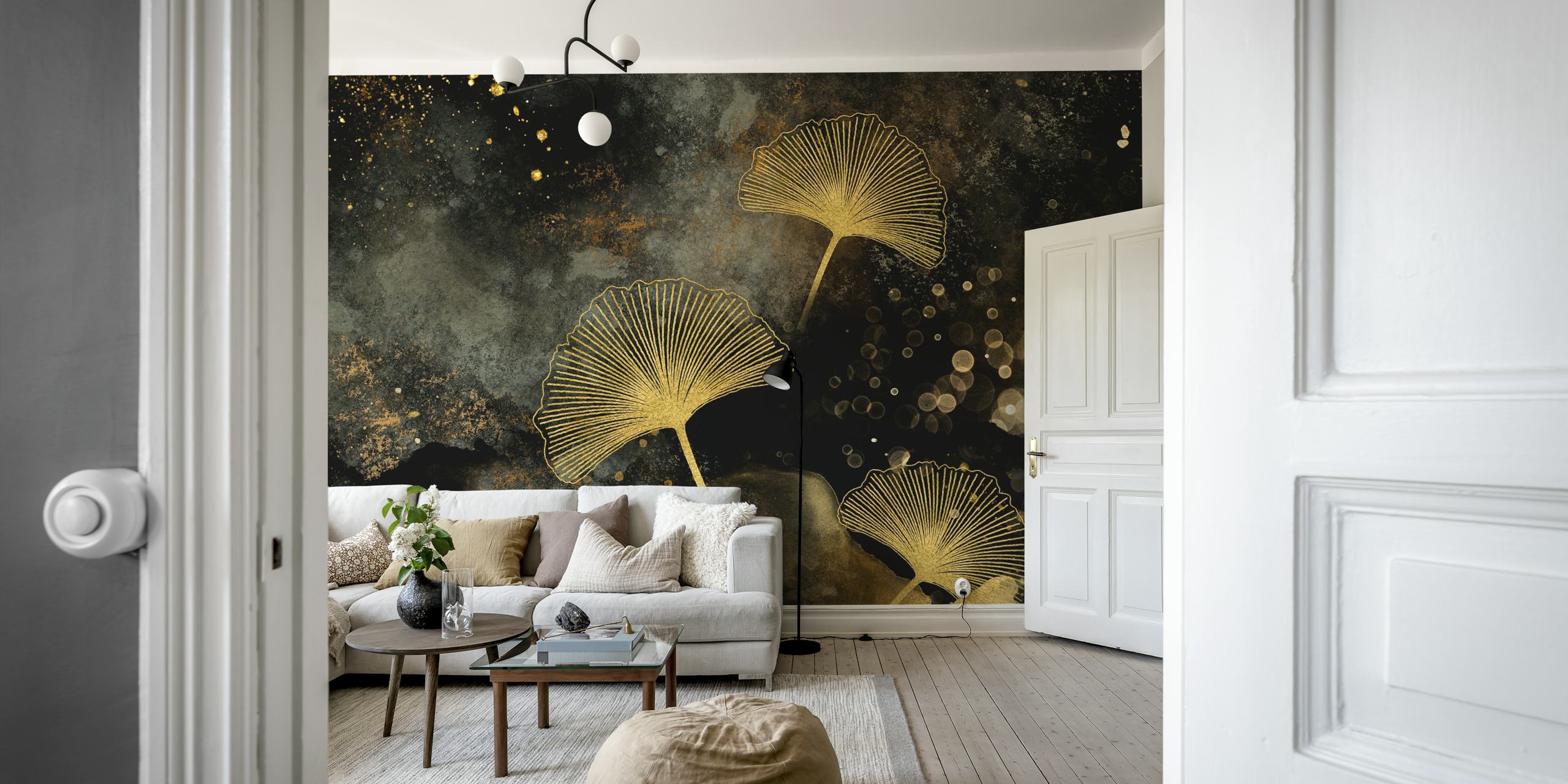 Ginkgo leaves in gold on a black and gold abstract background wallpaper