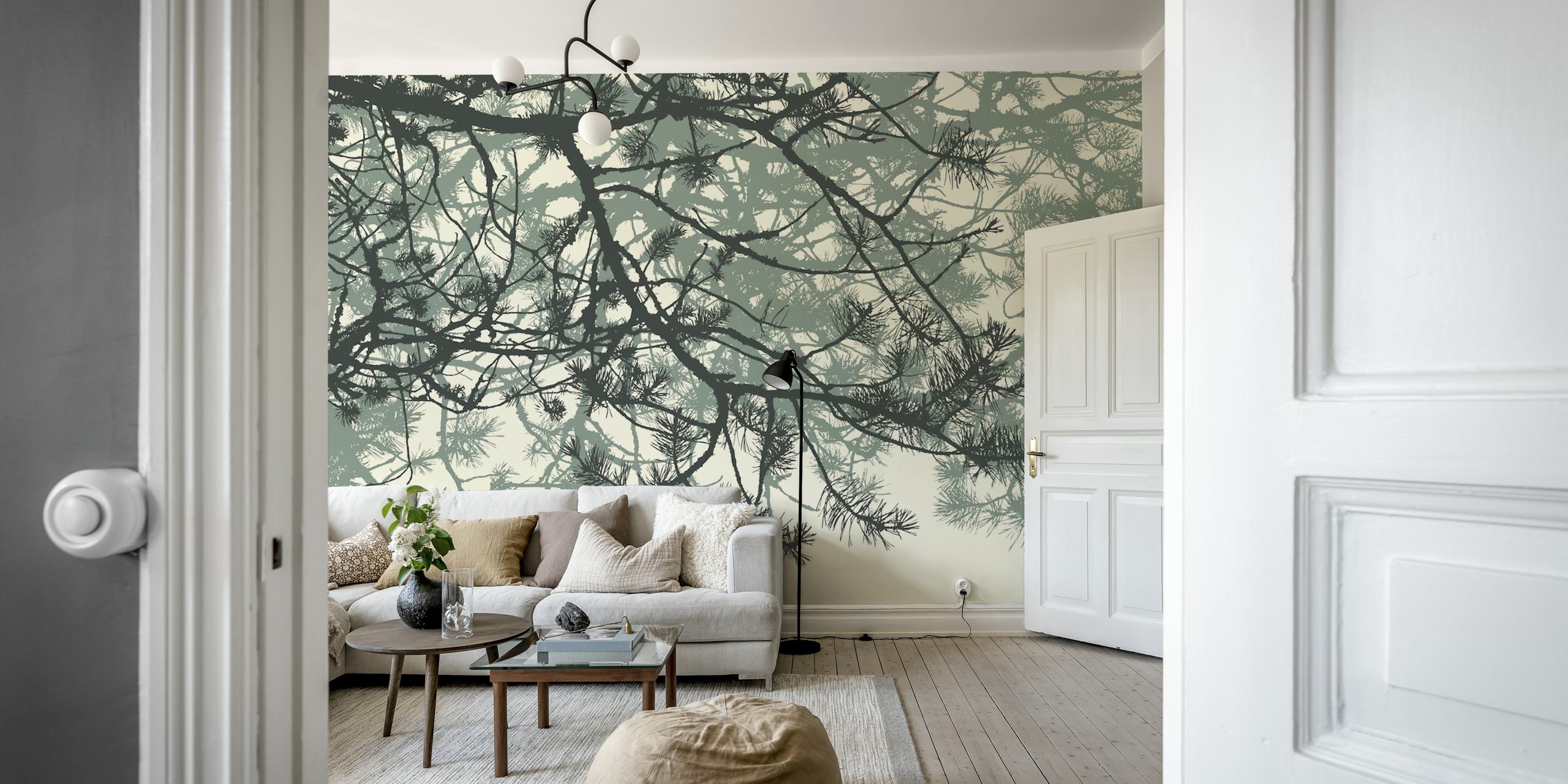 Papel de parede Pine branches exibido em uma sala