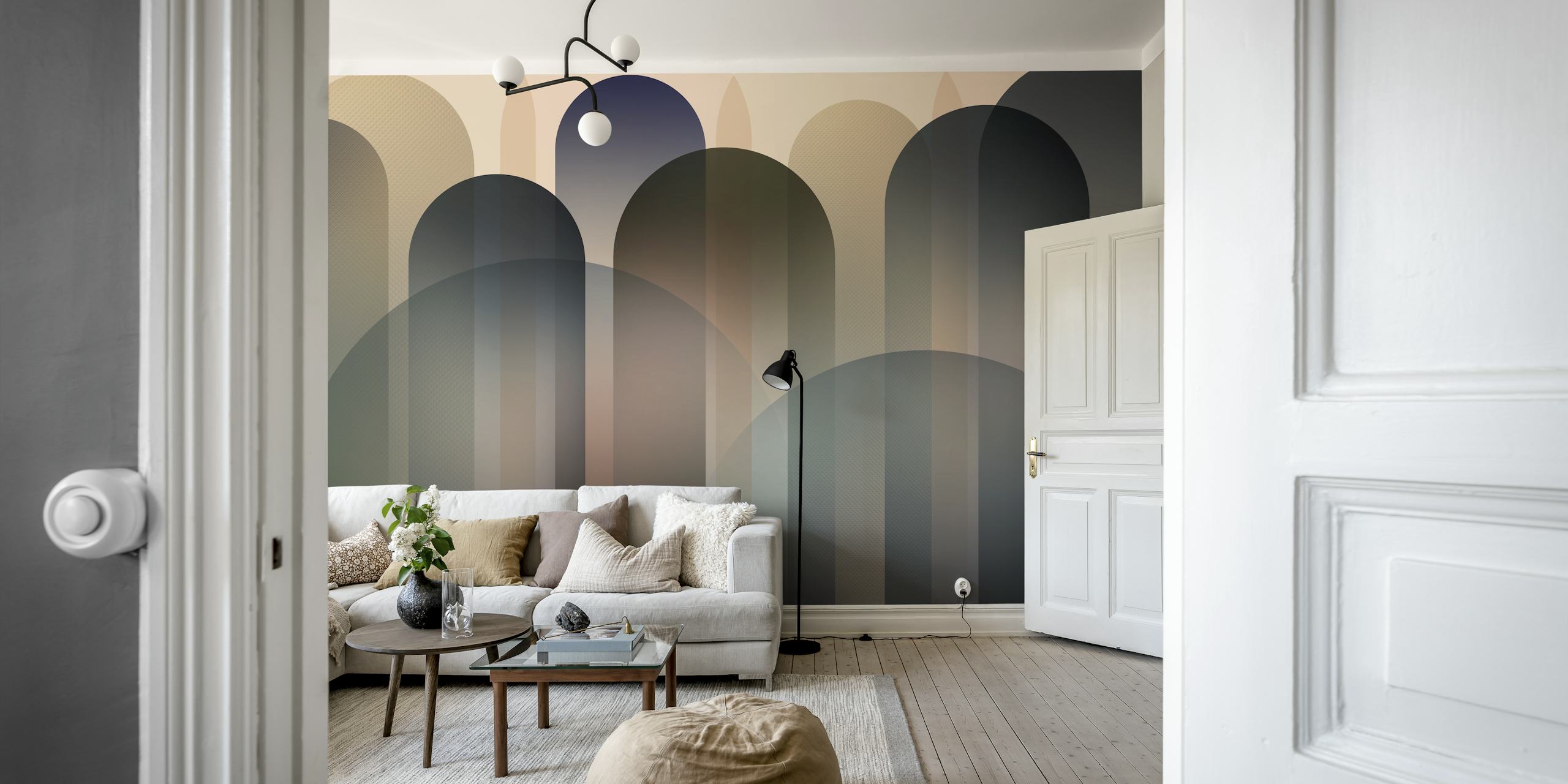 Geometric arches in neutral tones: beige, gray, and black wallpaper