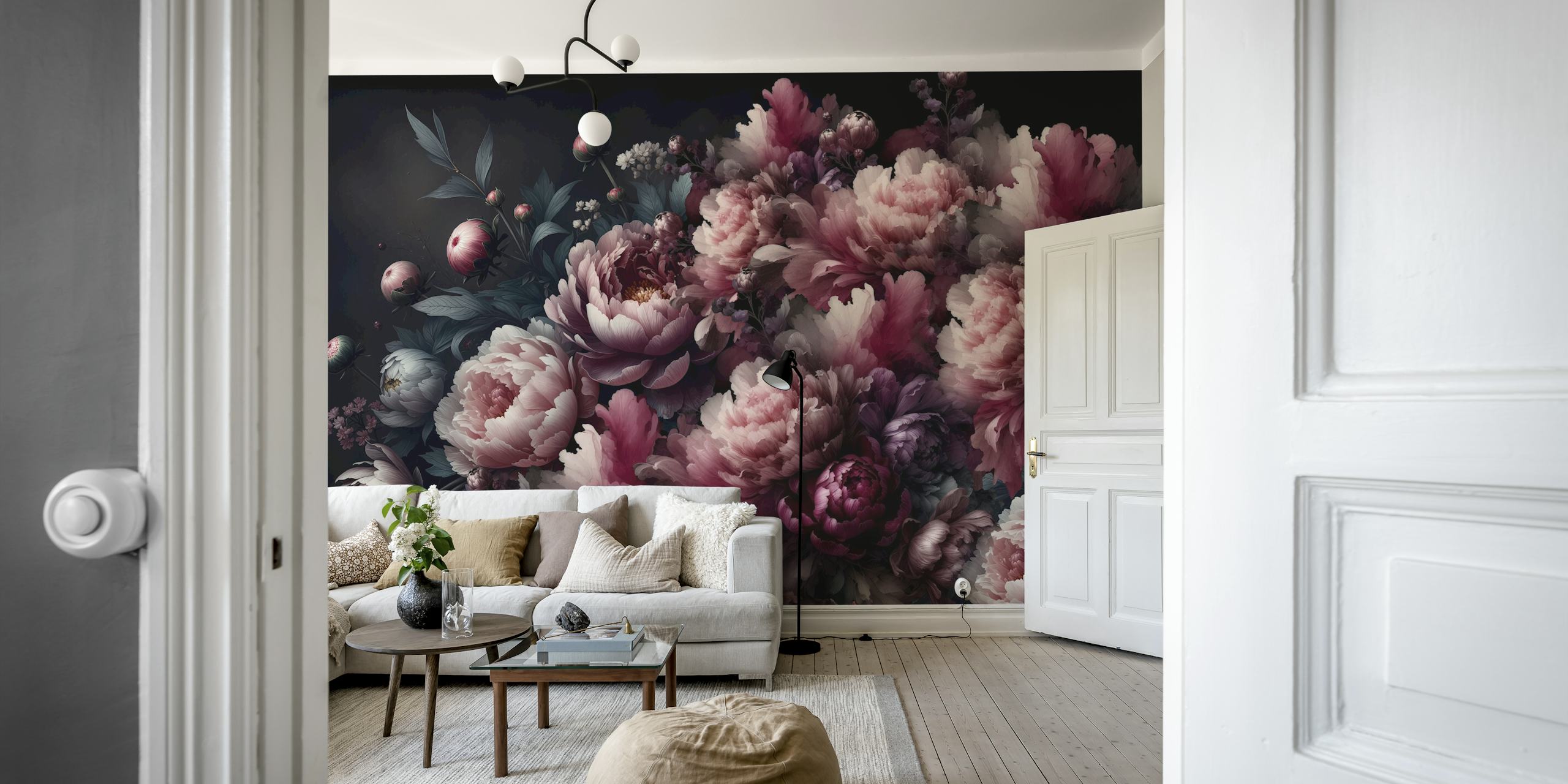 Vintage Peonies Pink Burgundy Tapete in einem Raum