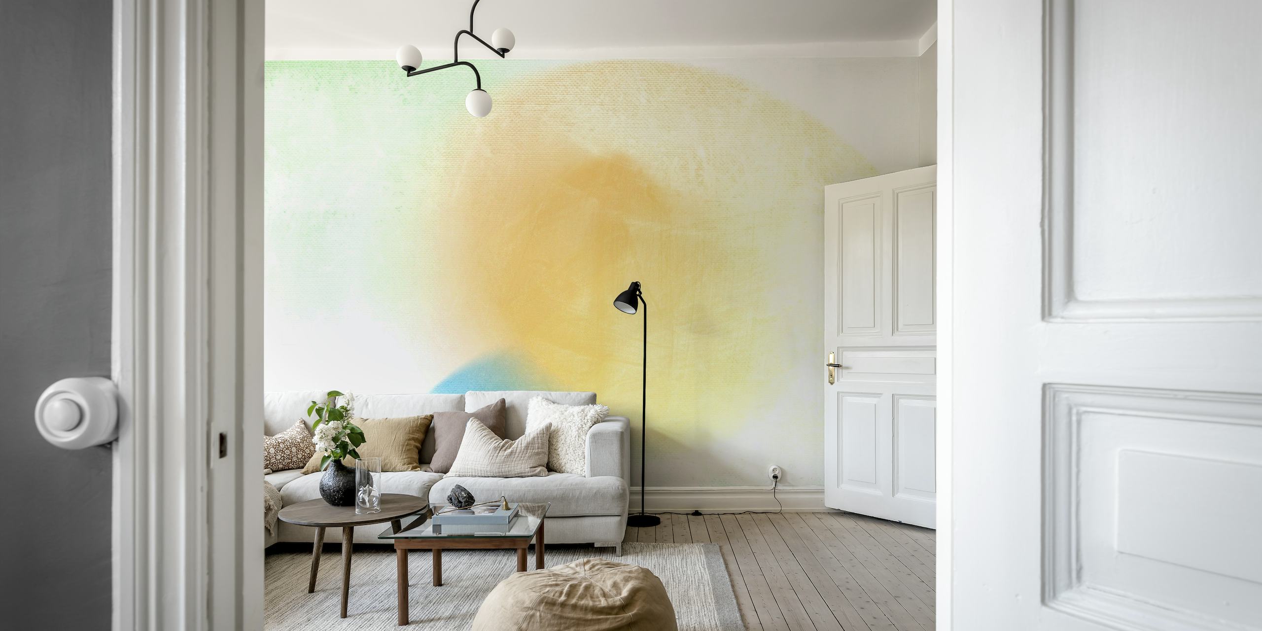 Abstrakt pastelfarvet vægmaleri, der repræsenterer friskhed i foråret