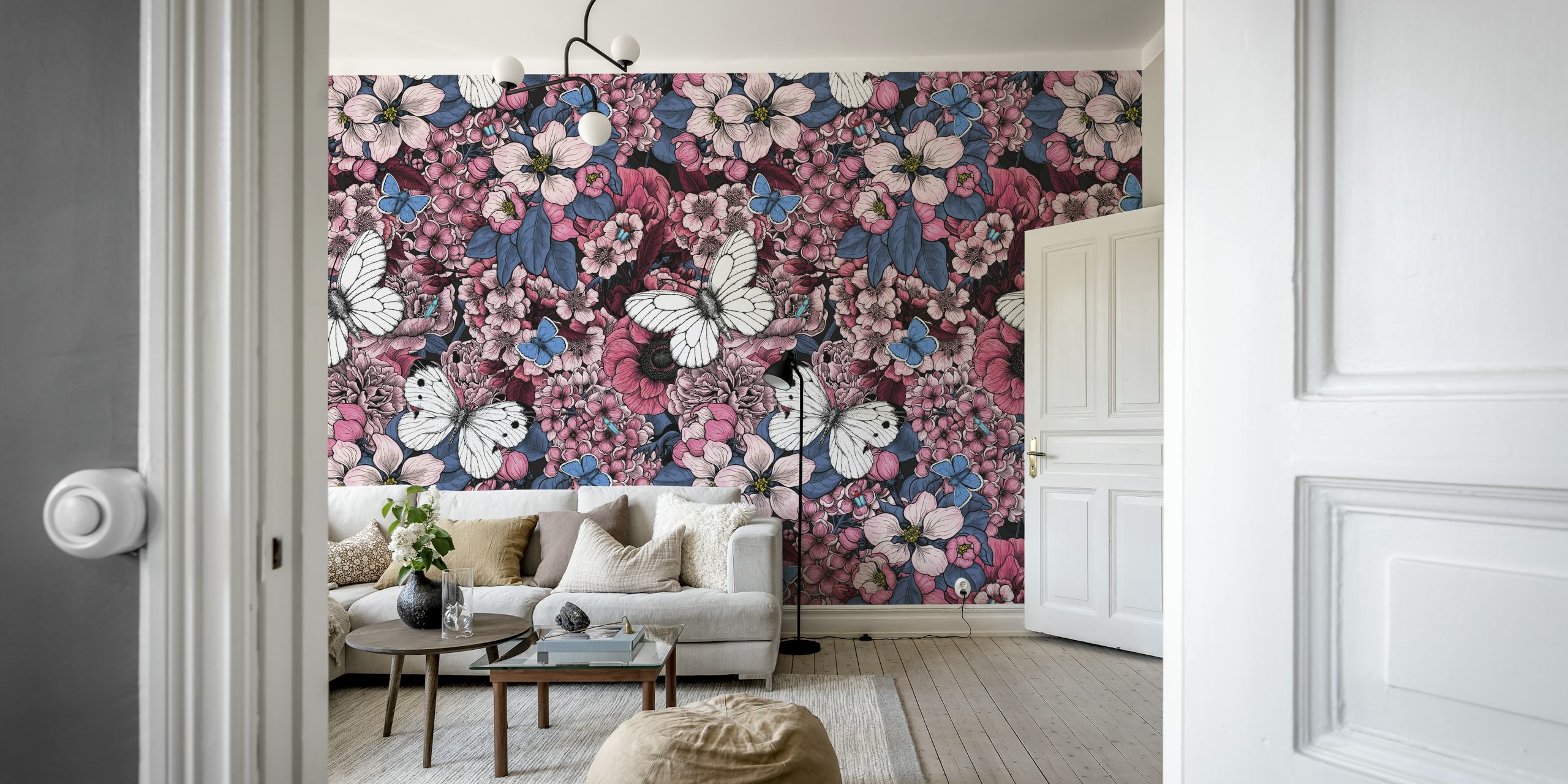 Floral wallpaper with pink and blue flowers and white butterflies