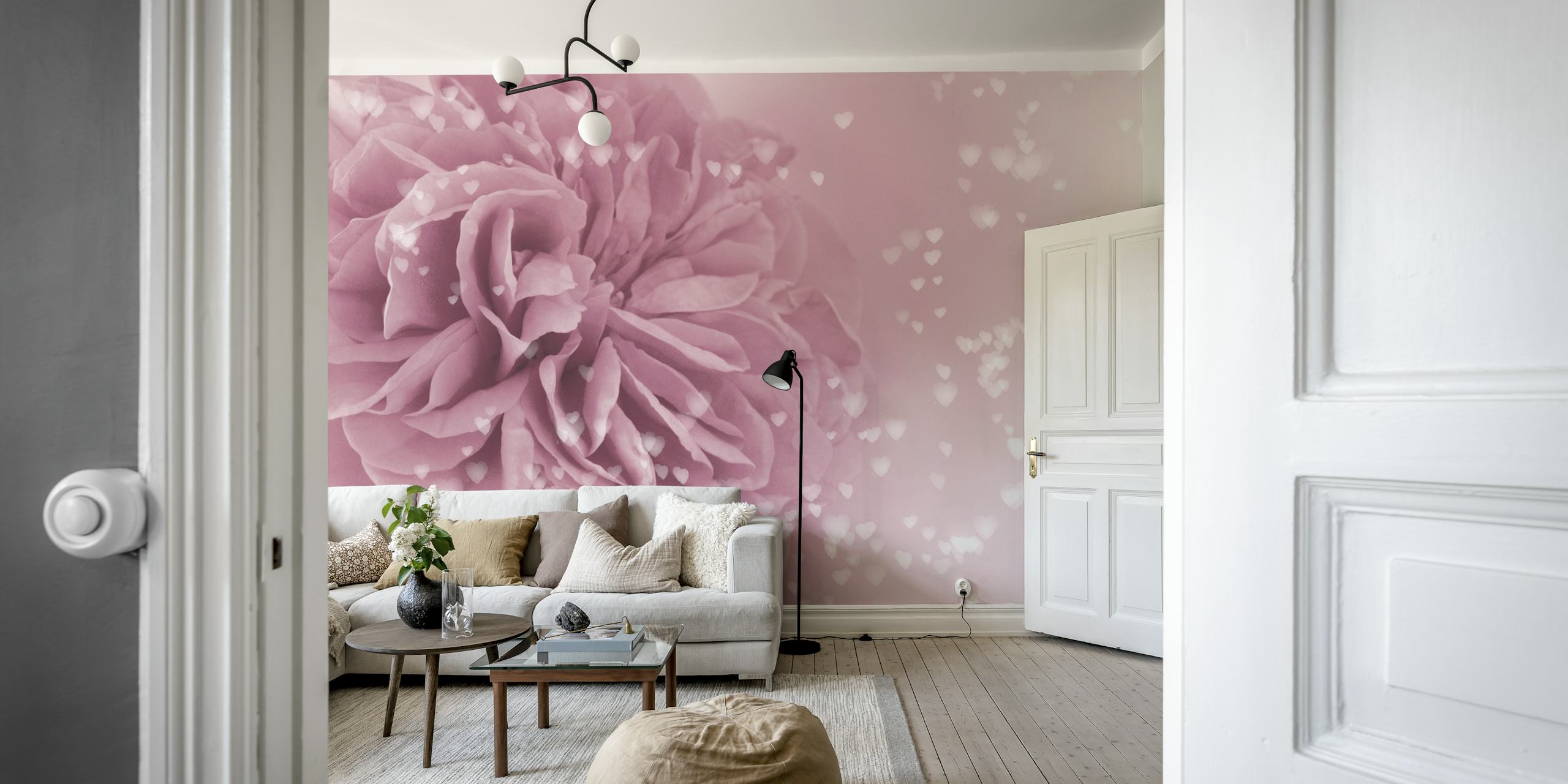 Photo murale élégante rose rose clair entourée de coeurs flottants