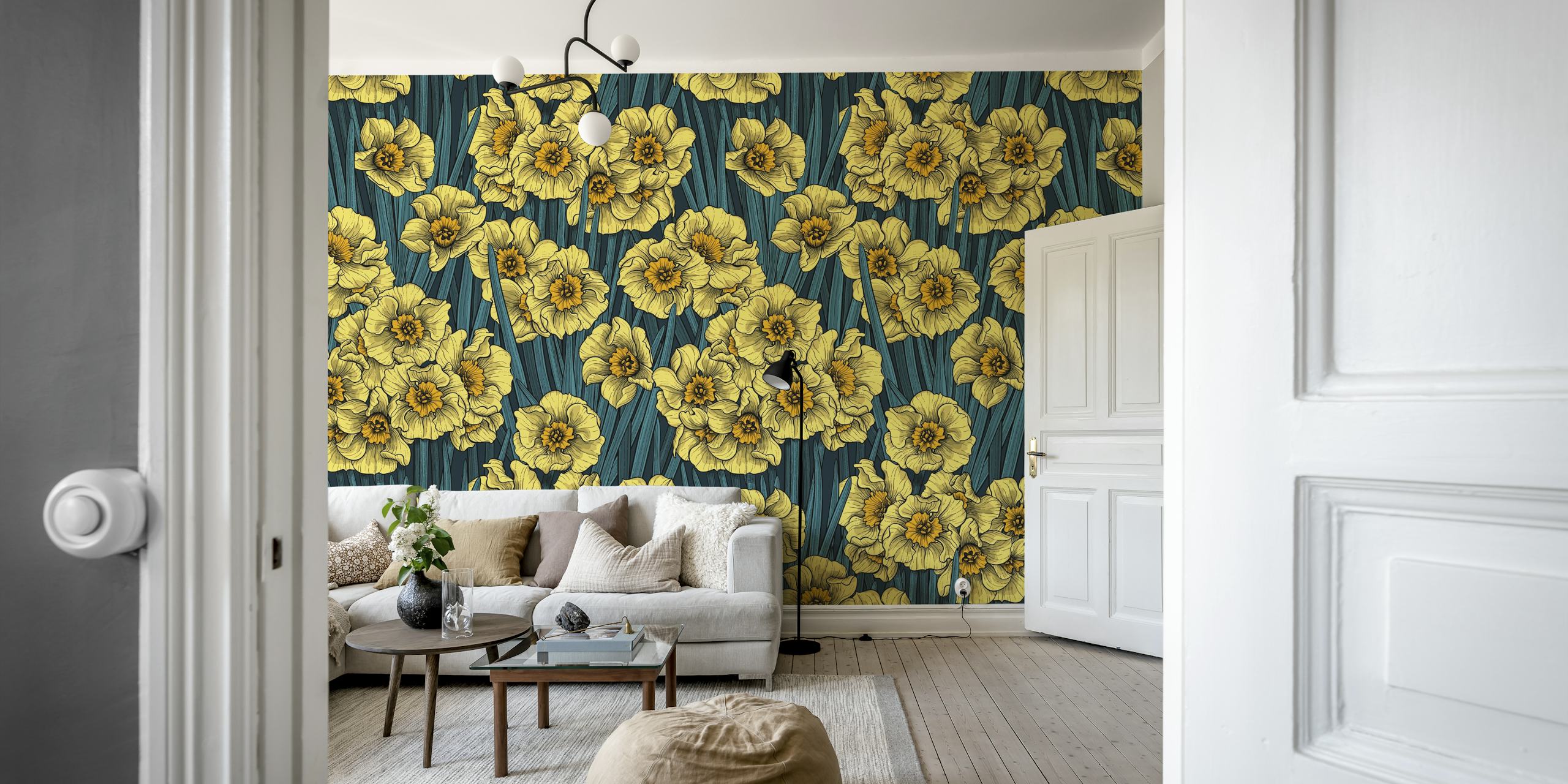 Golden daffodils on teal background wall mural