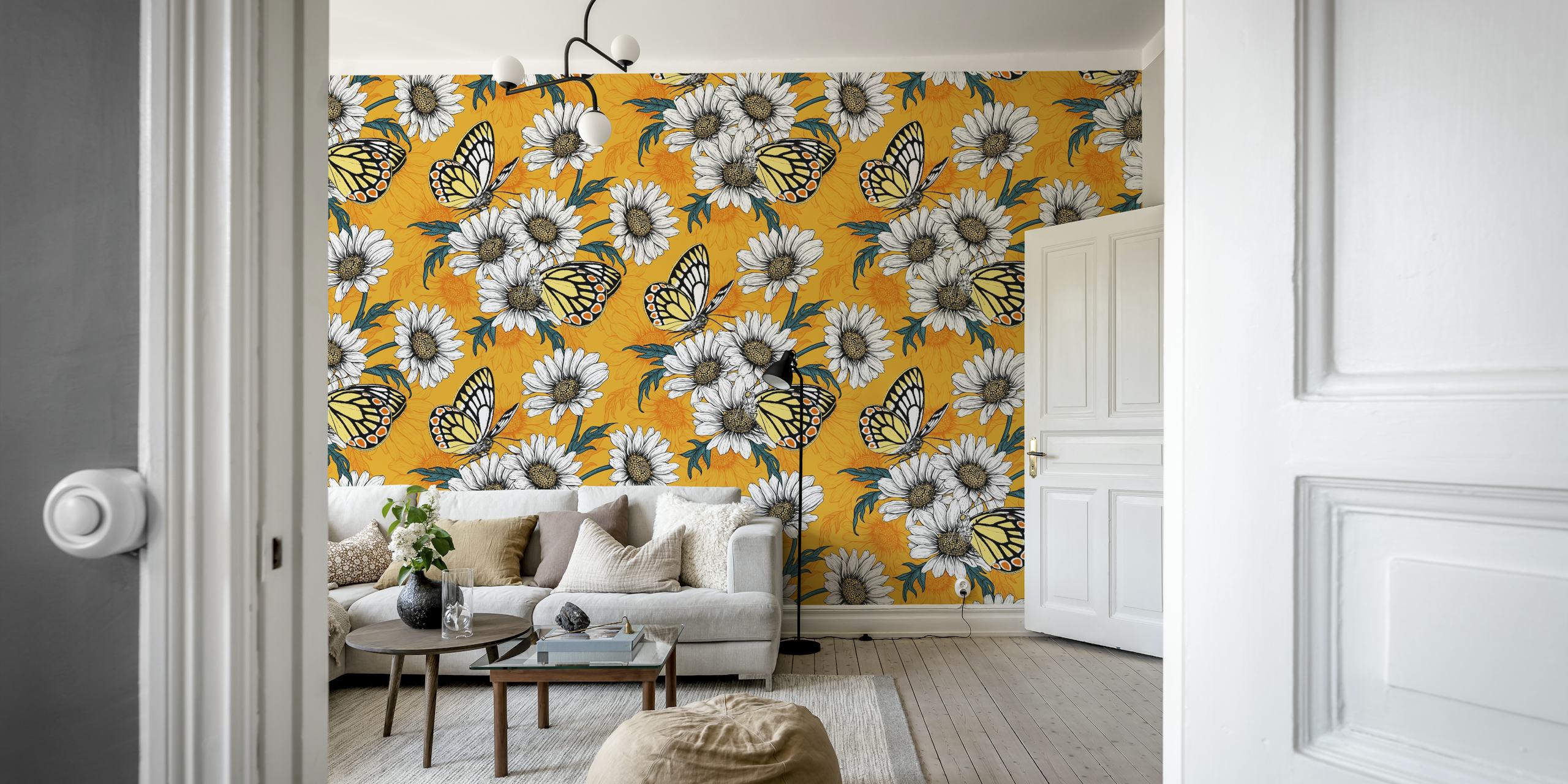 Butterflies and daisies tapet i ett rum
