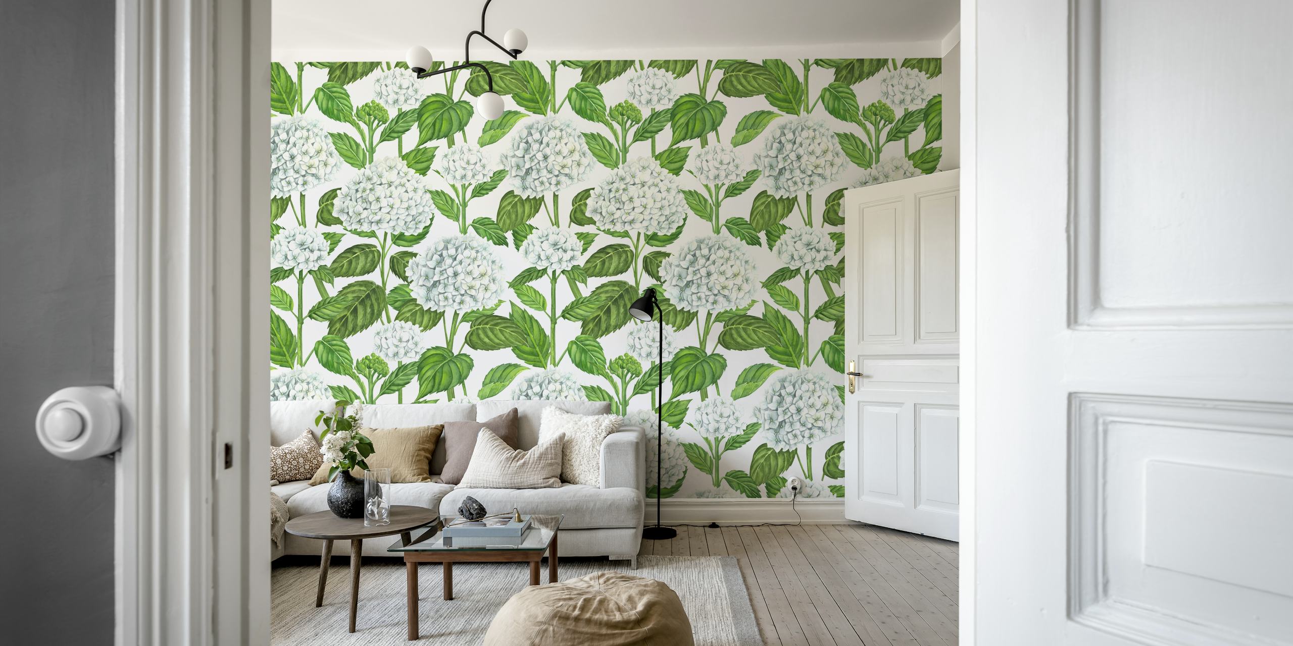 White hydrangea flowers surrounded by green leaves wallpaper