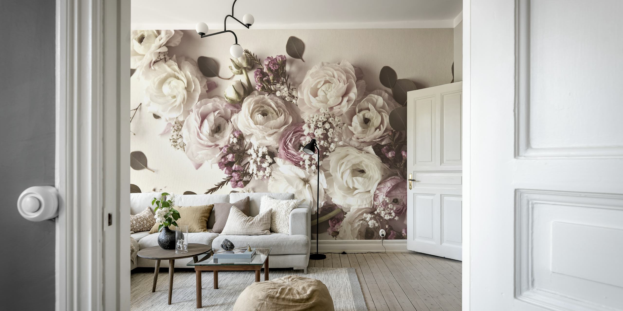 Pink and white flowers with eucalyptus leaves floral wallpaper