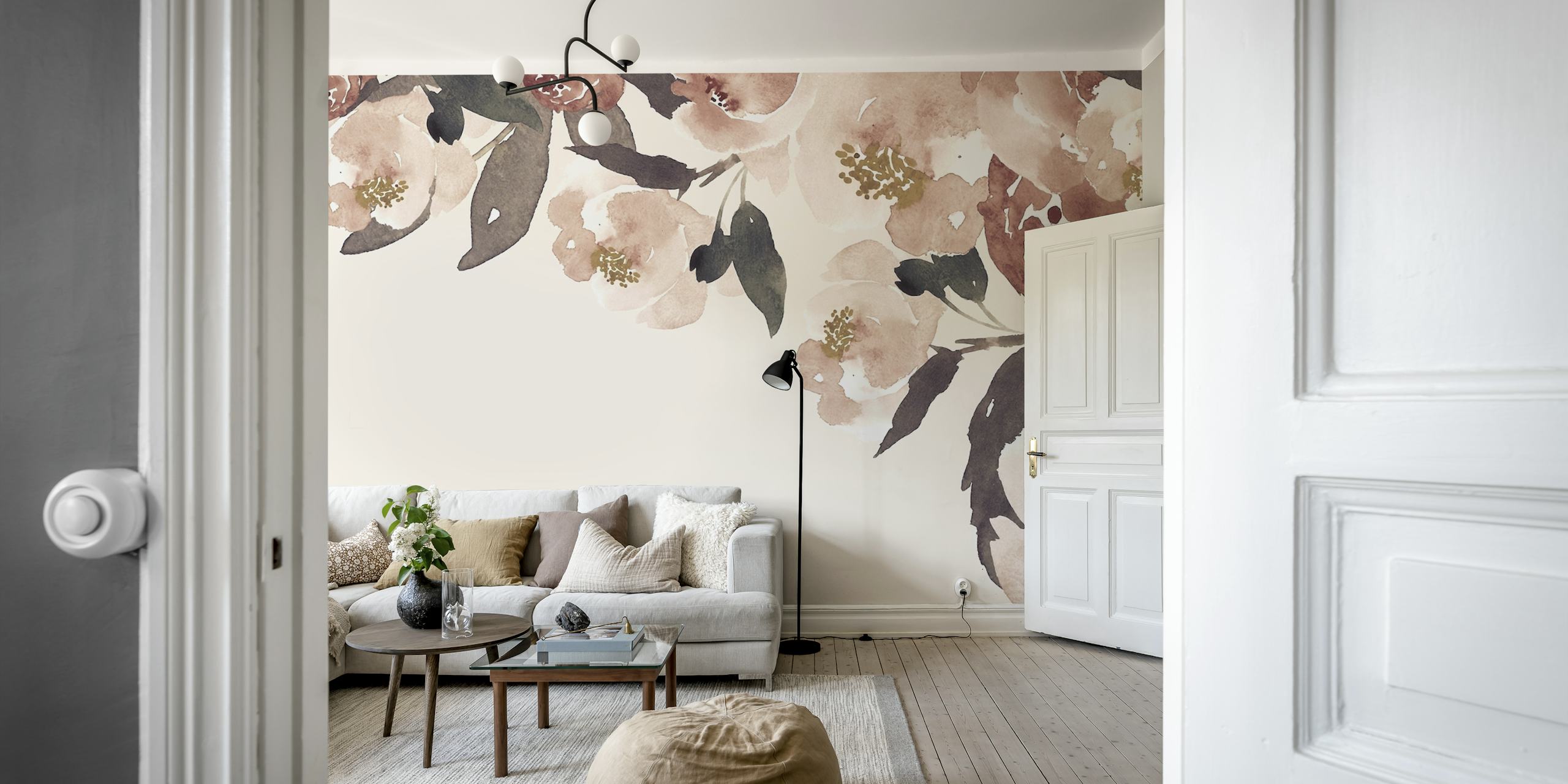 Soft pink floral motifs with green leaves on beige wallpaper