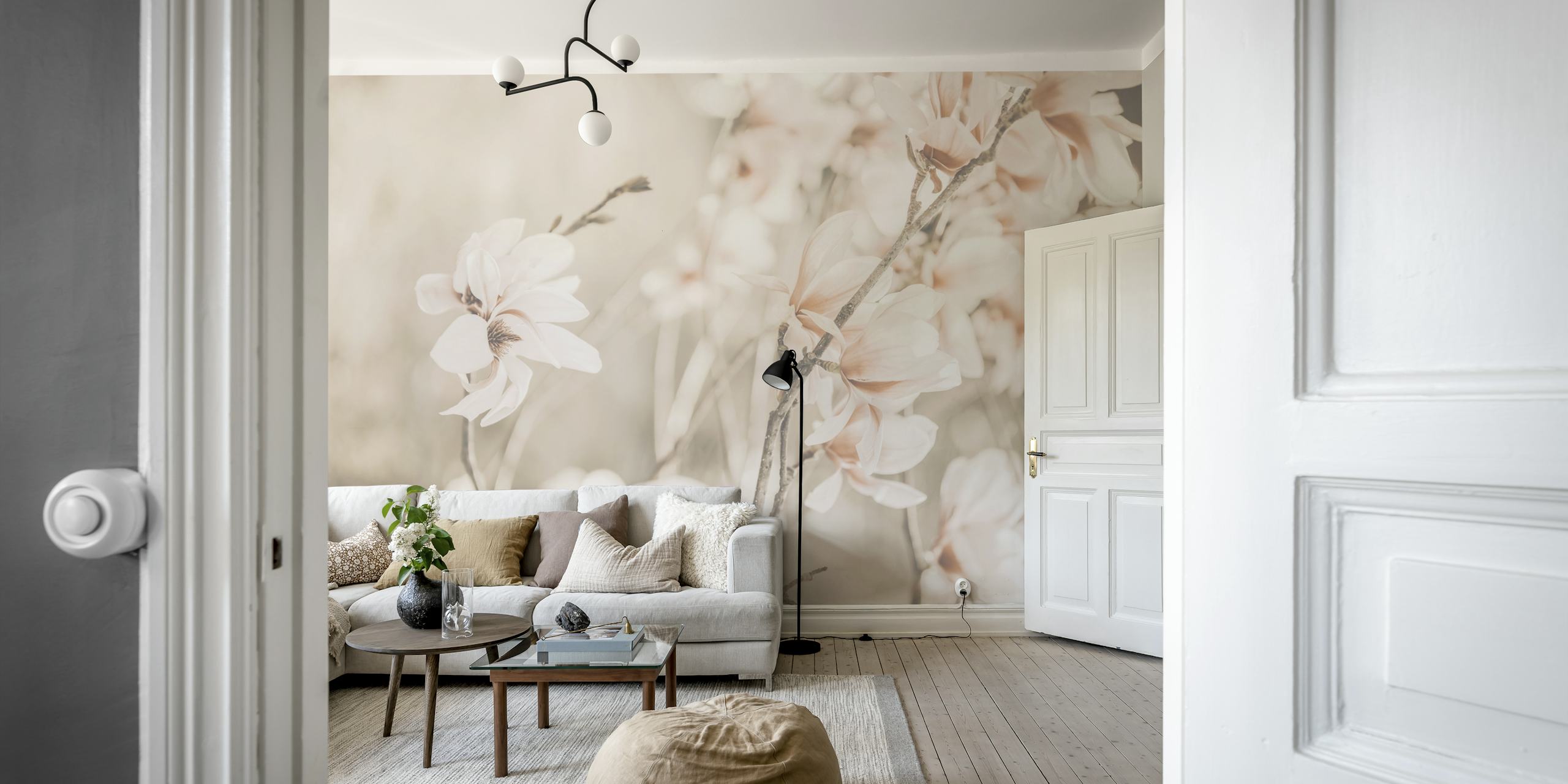 Magnolia flowers on branches in soft pink tones wallpaper