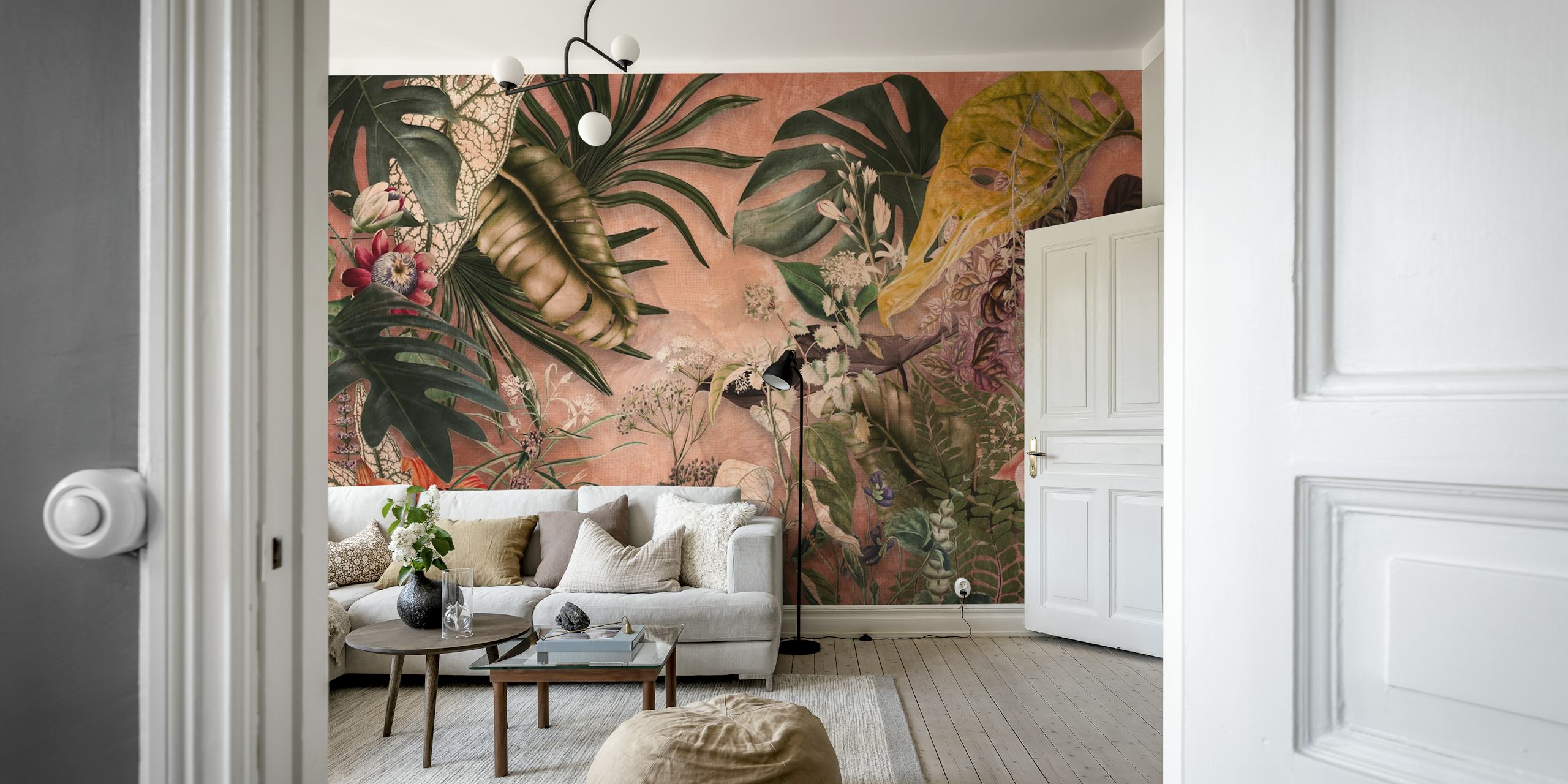 Tropical jungle leaves and flowers in coral tones wallpaper