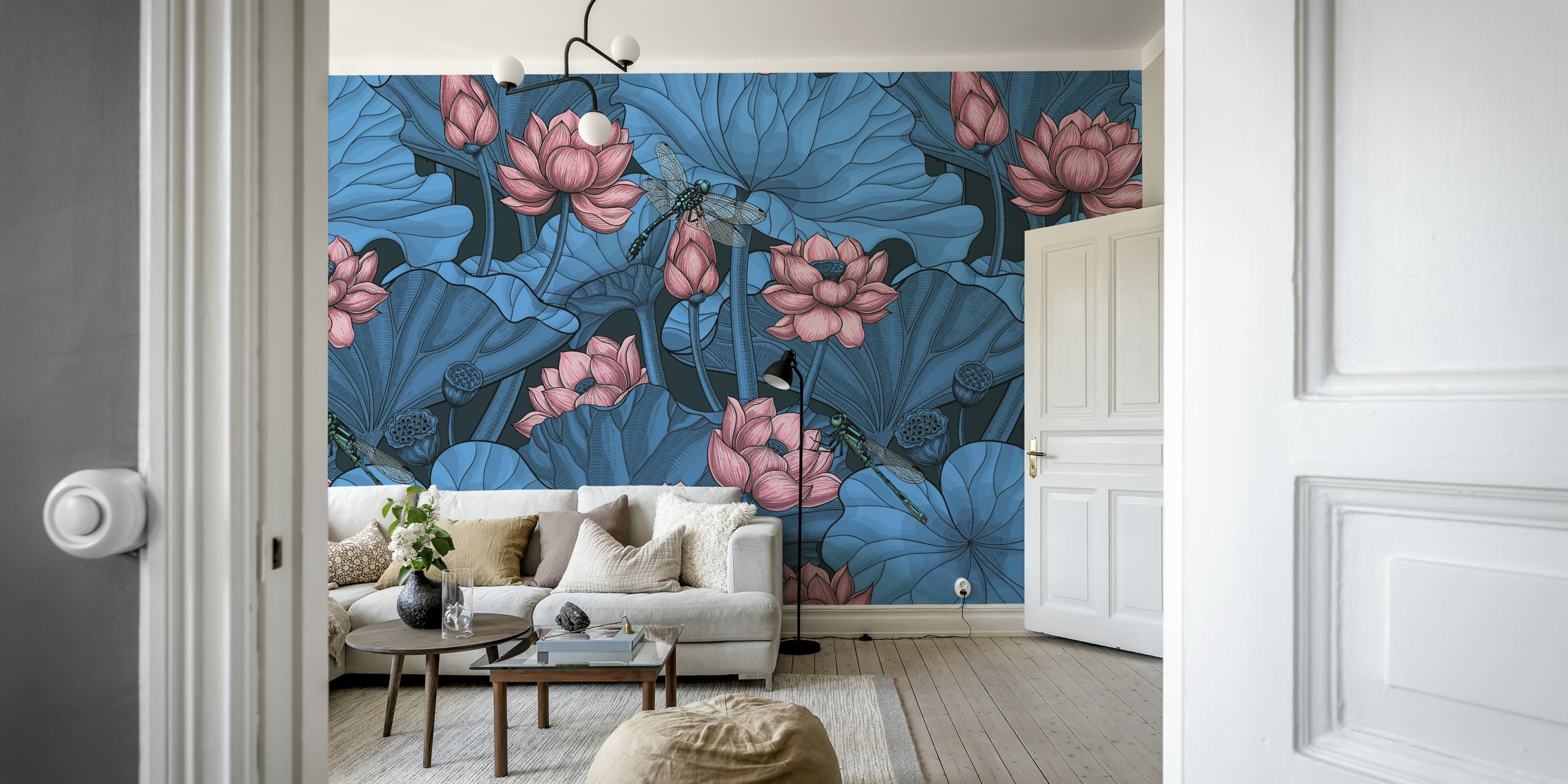 Blue floral lotus wallpaper with pink flowers and dragonflies