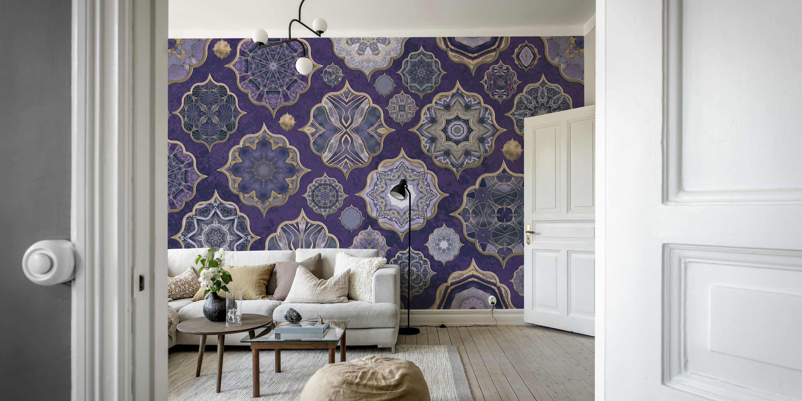 Moroccan tile patterns in purple and gold wallpaper