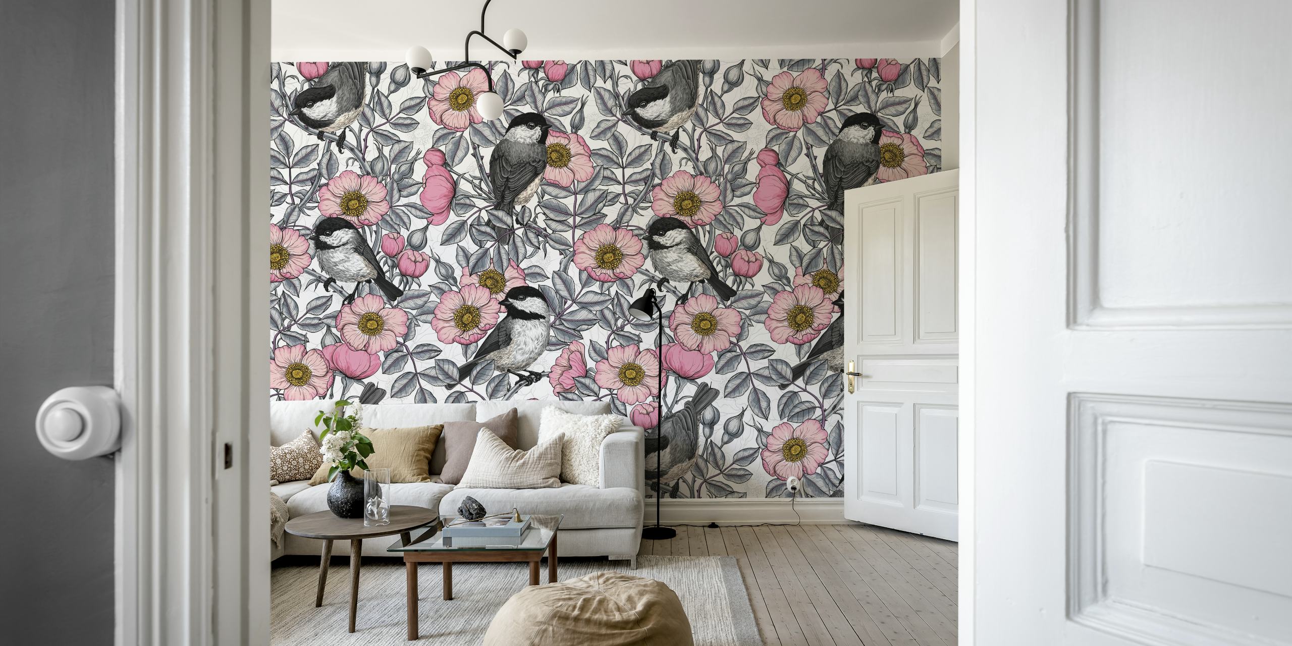 Chickadees in wild rose tapettikuvio