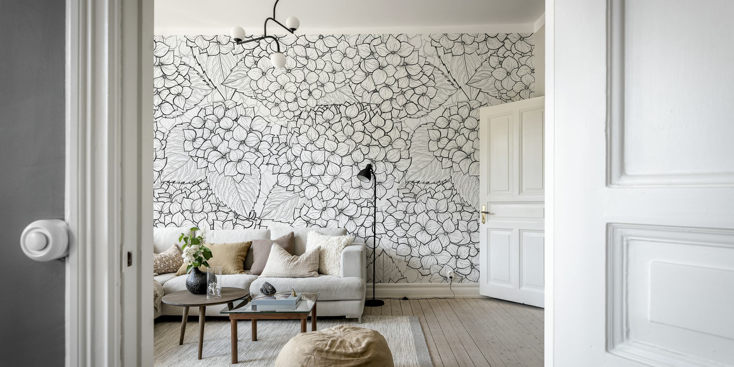 Line-drawn hydrangea flowers and leaves in black and white wallpaper