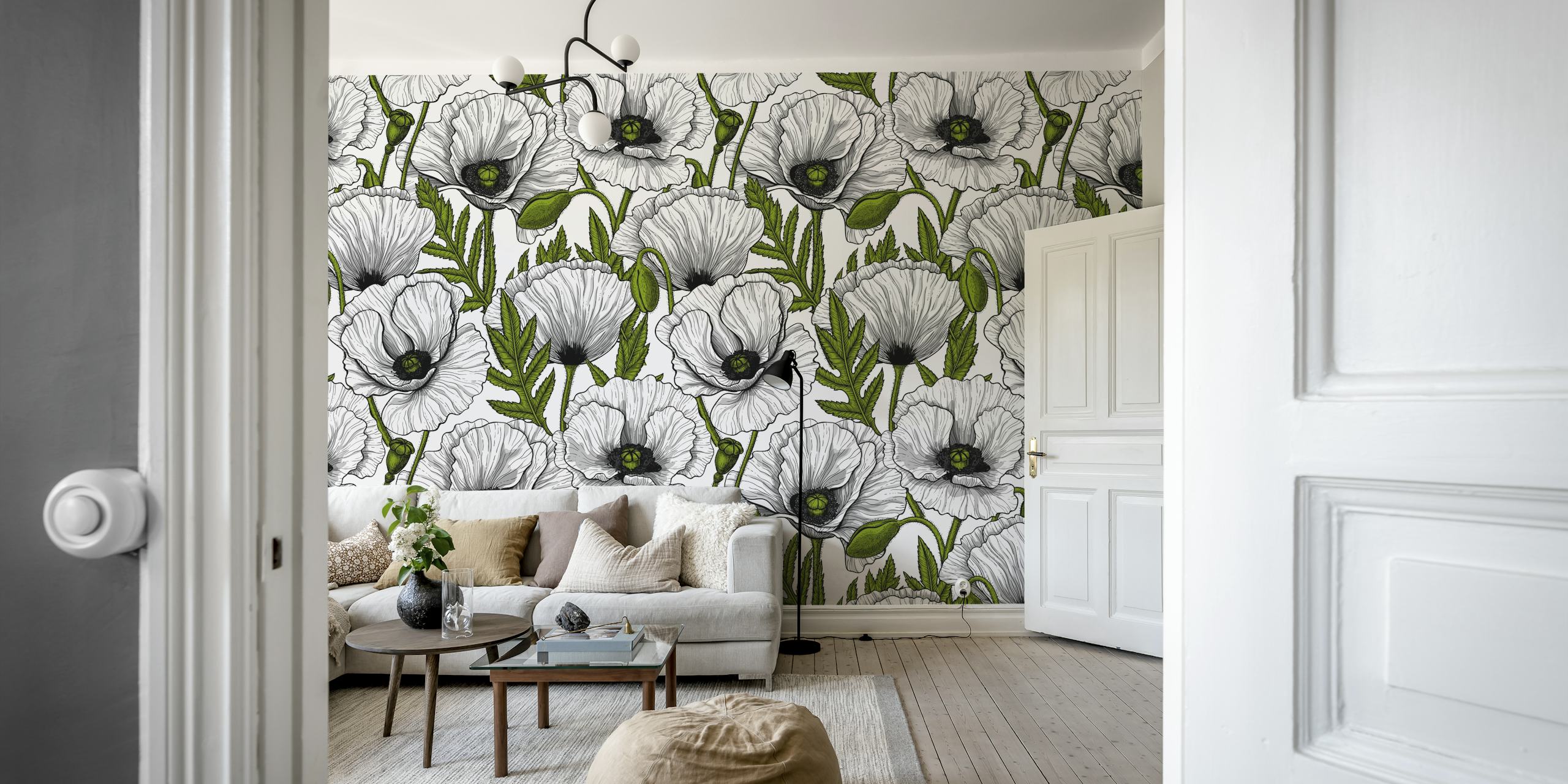 White poppy pattern on a black and white background wallpaper