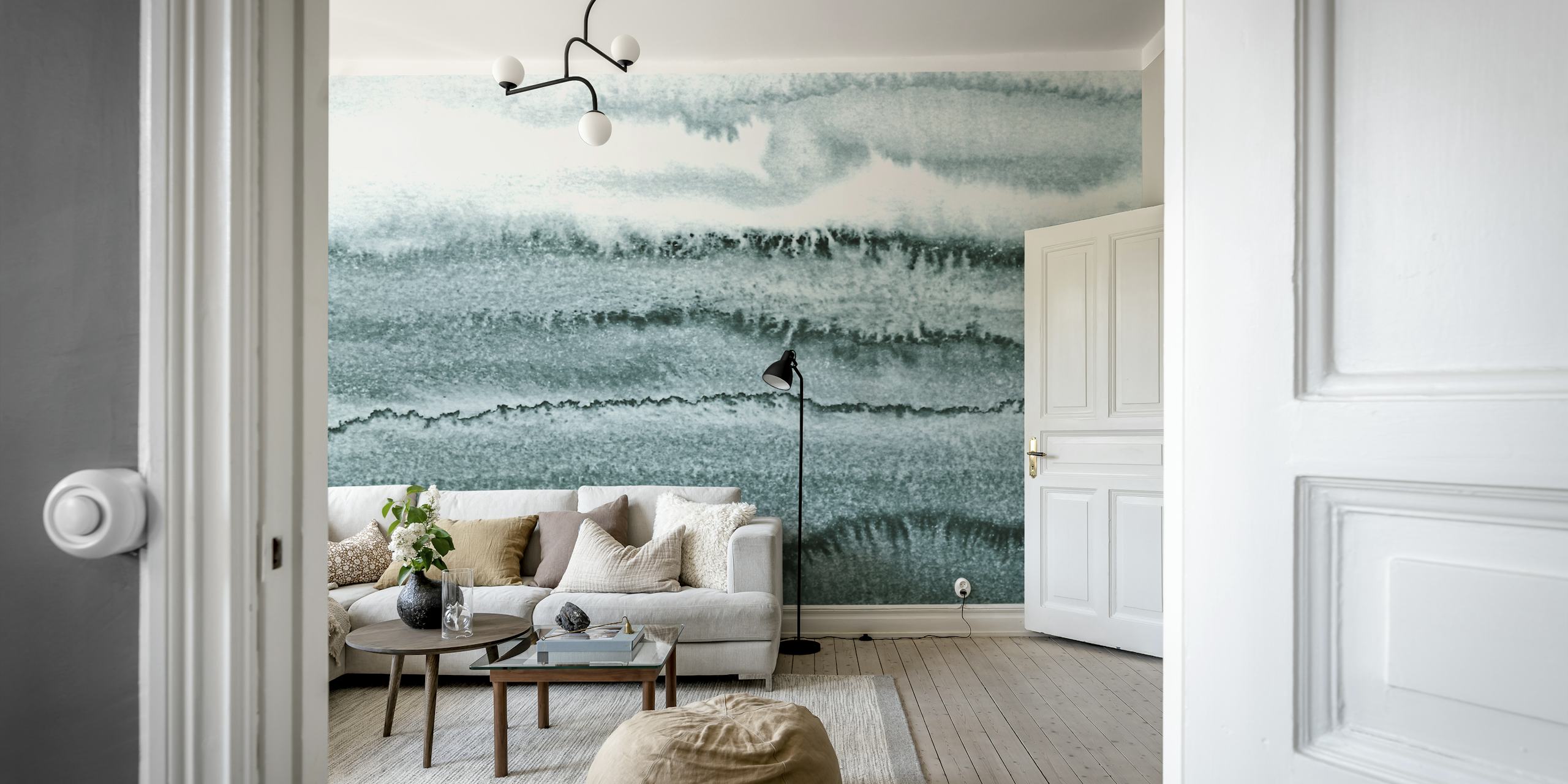 Mural de pared abstracto con olas del océano Ártico en tonos azul y gris