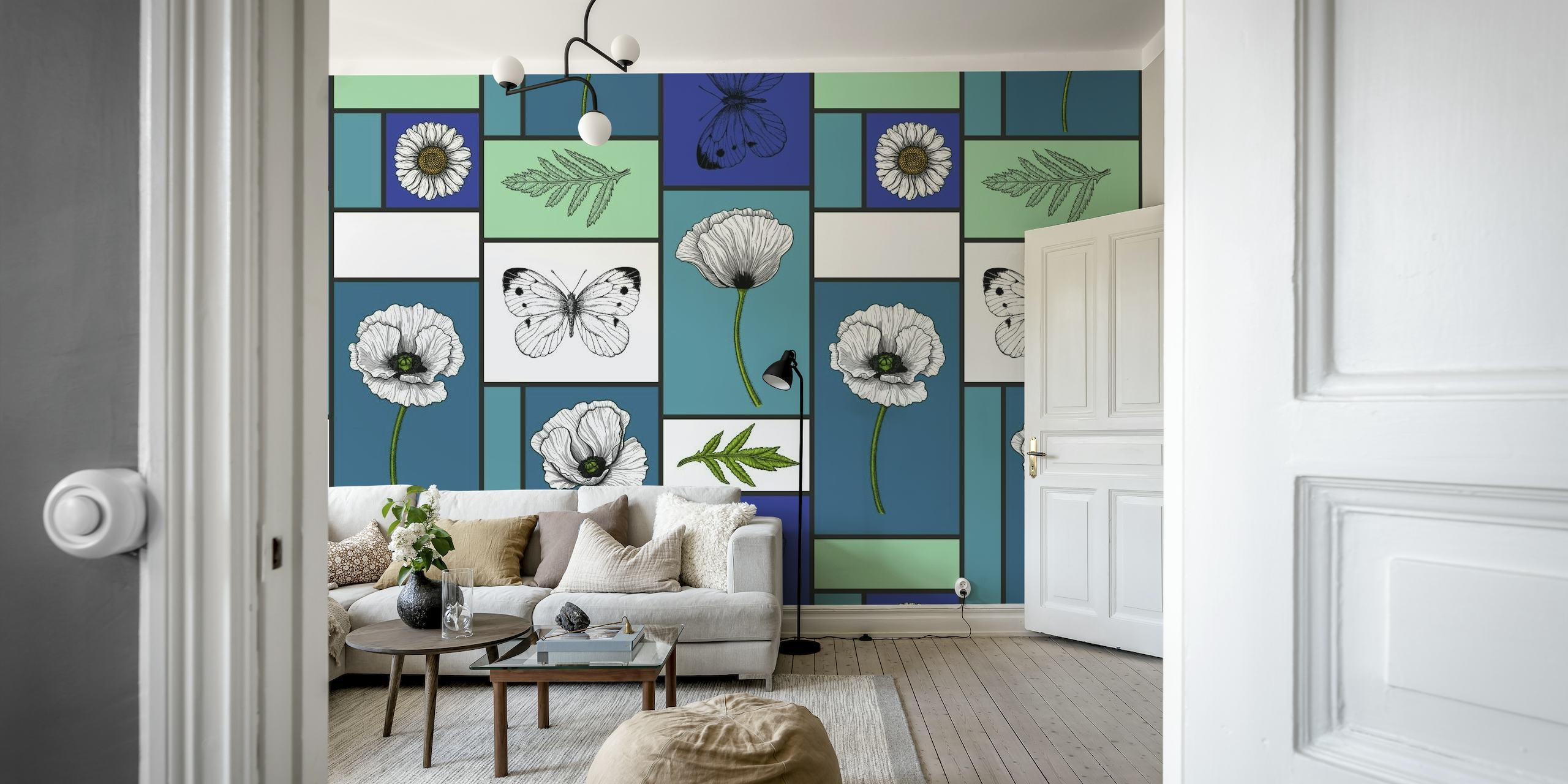 Farverigt vægmaleri af valmuer, tusindfryd og sommerfugle i et geometrisk mønster