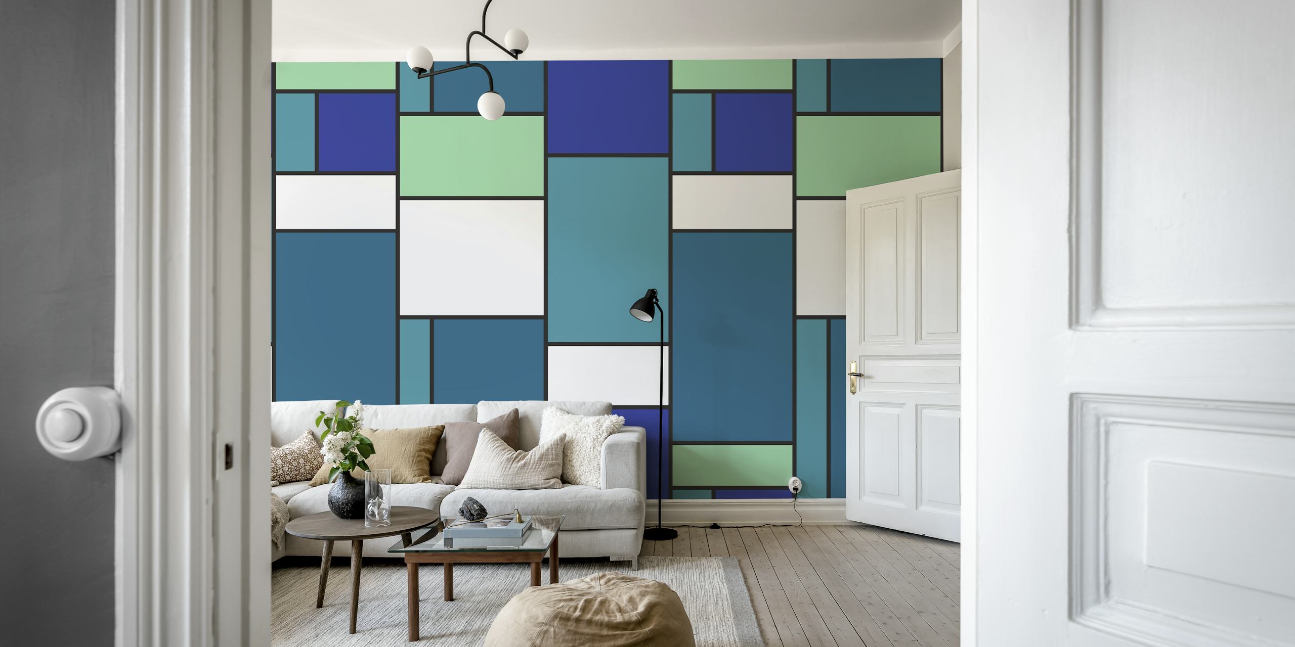 Geometric blocks in shades of blue and green wallpaper