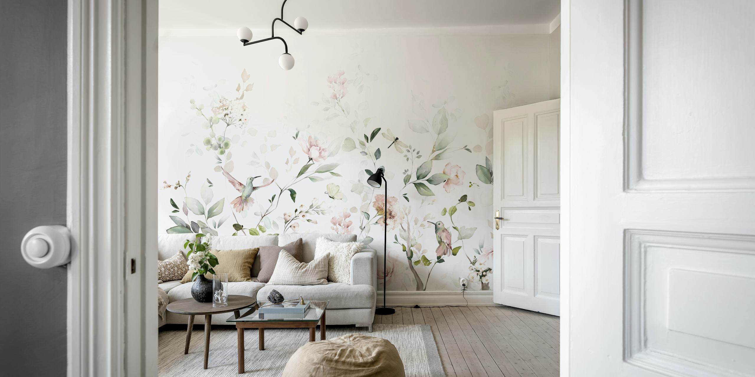 Pink floral wallpaper with leaves and birds in soft hues