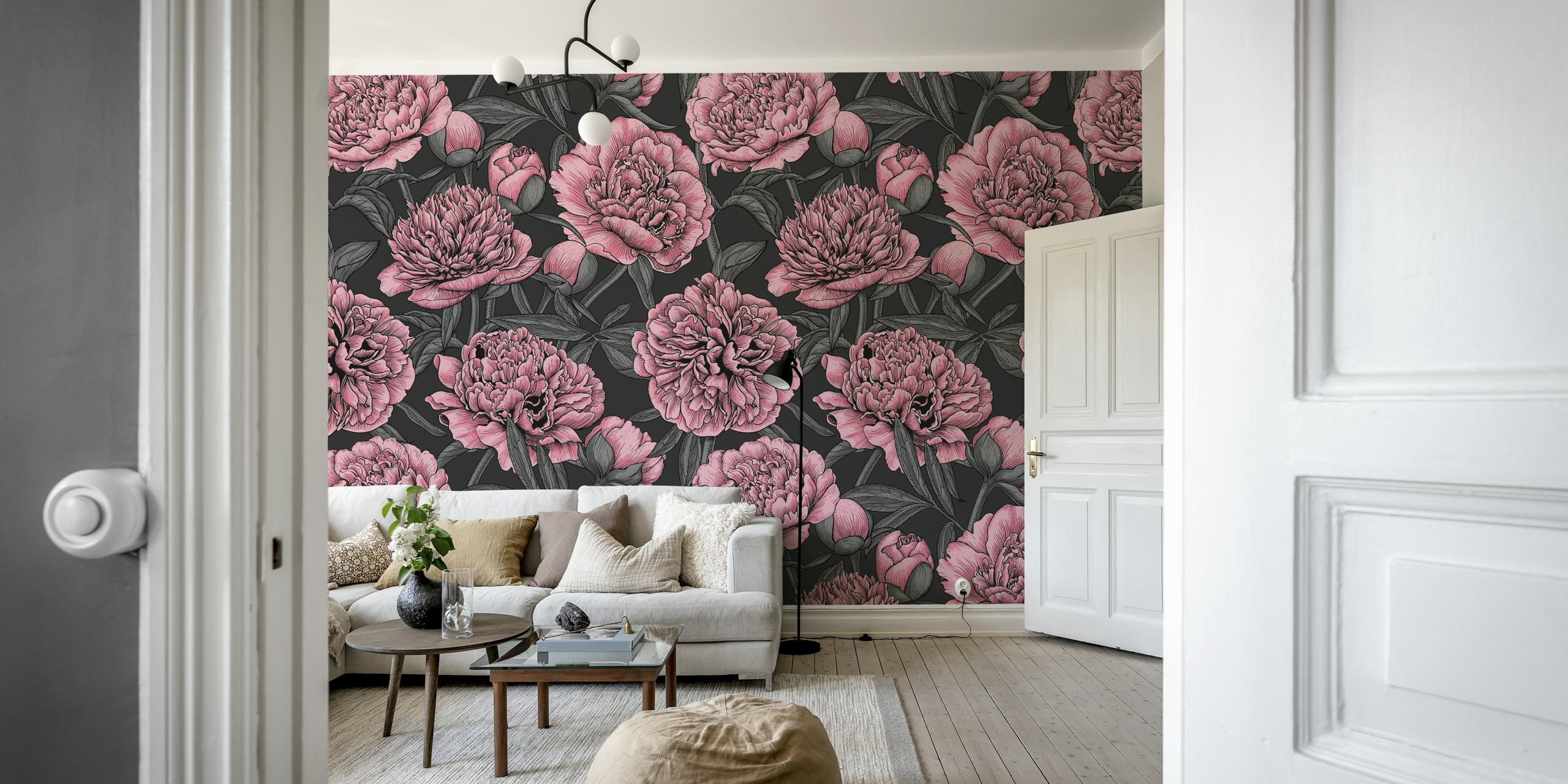 Fotomurais paisagistícos Flores de peônia rosa em fundo escuro