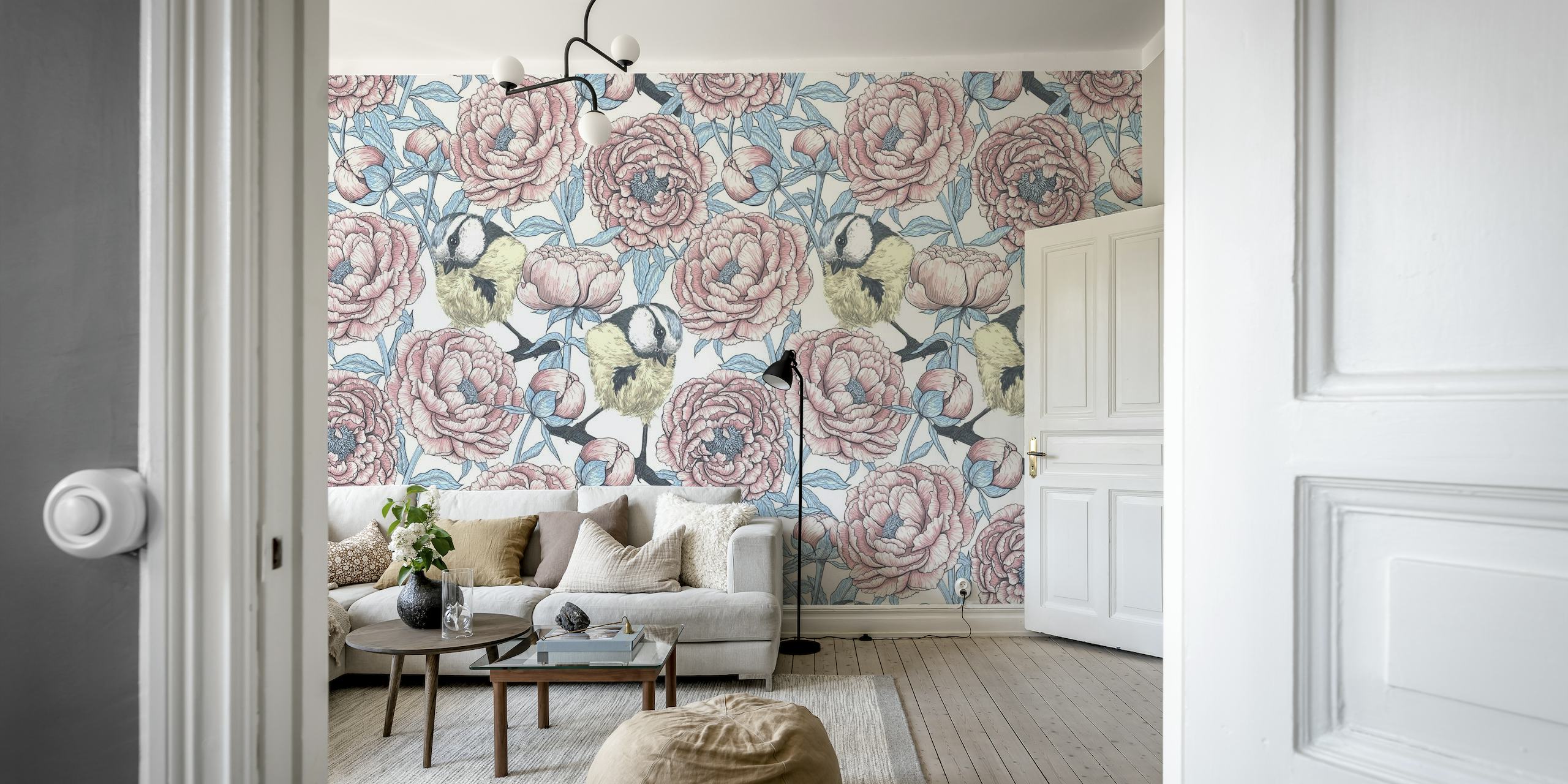Peony flowers and birds 4 wallpaper