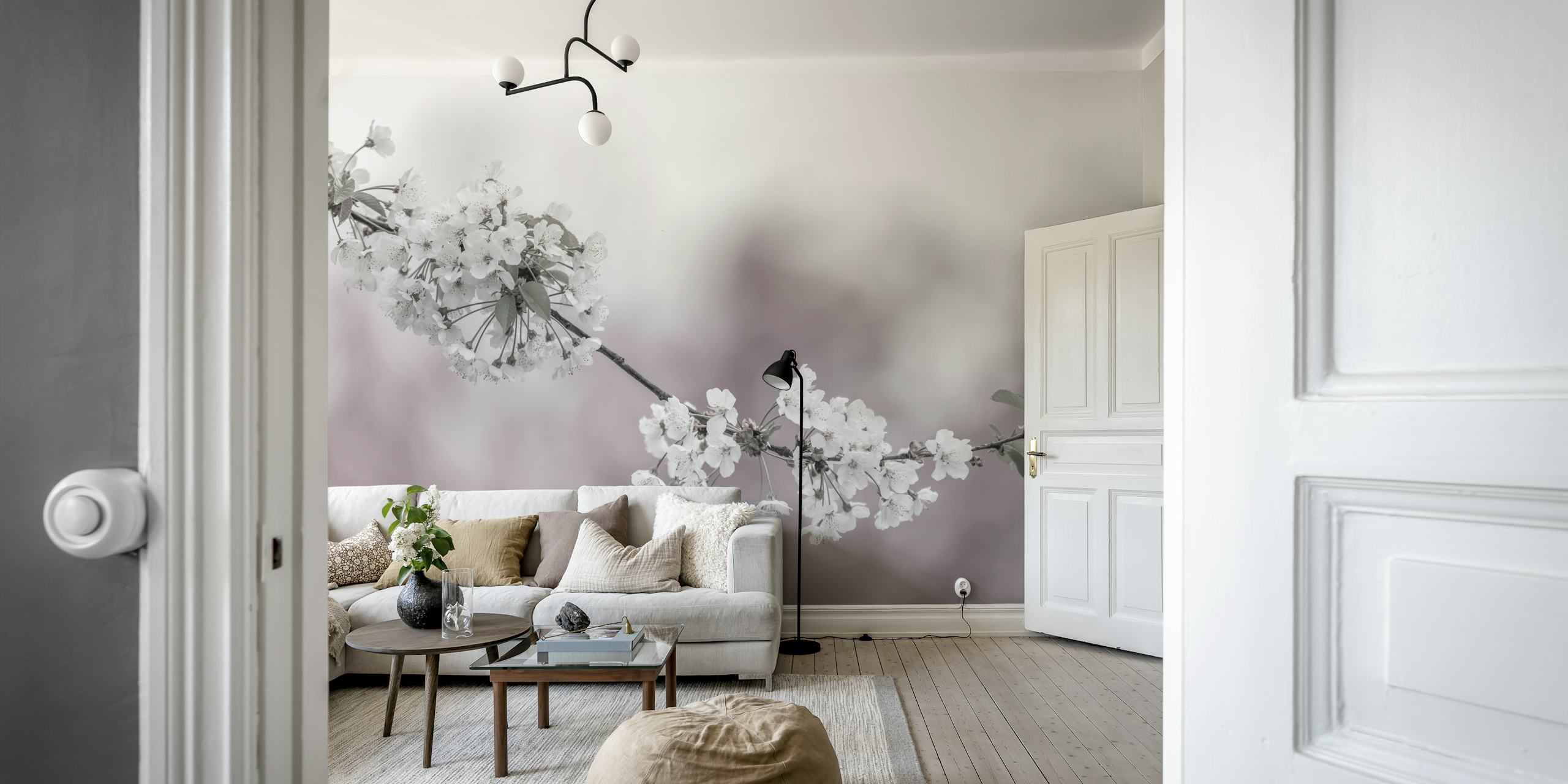 Cherry blossom branch in a soft-focus black and white photography wall mural