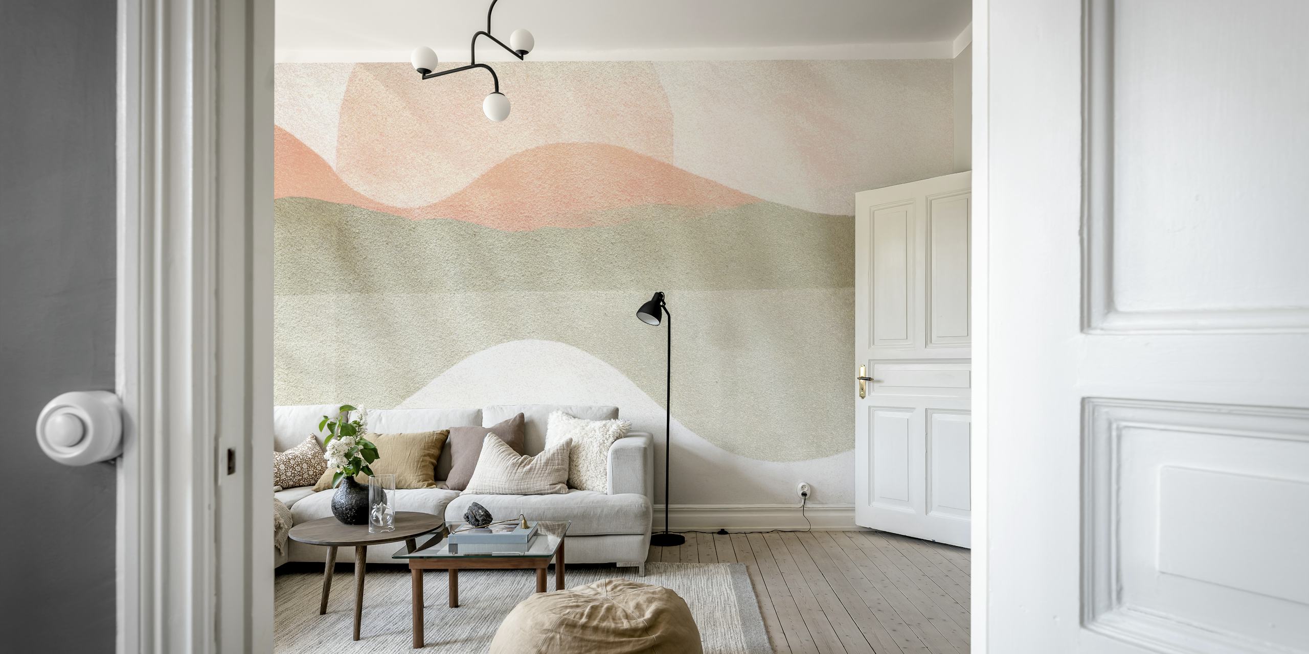 Abstract waves in coral, beige, and gray colors wallpaper