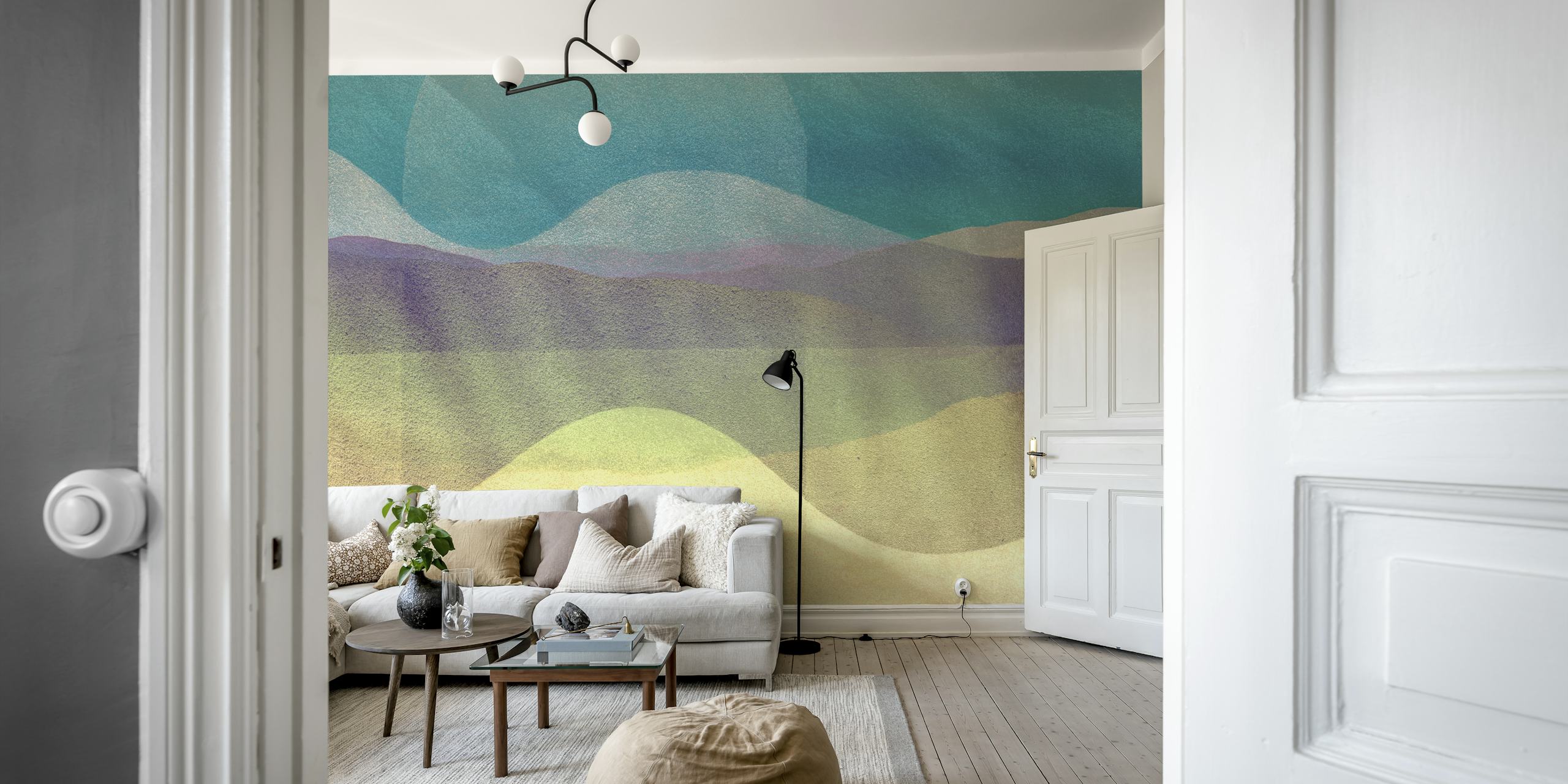 Layered abstract watercolor landscape in teal and tan wallpaper