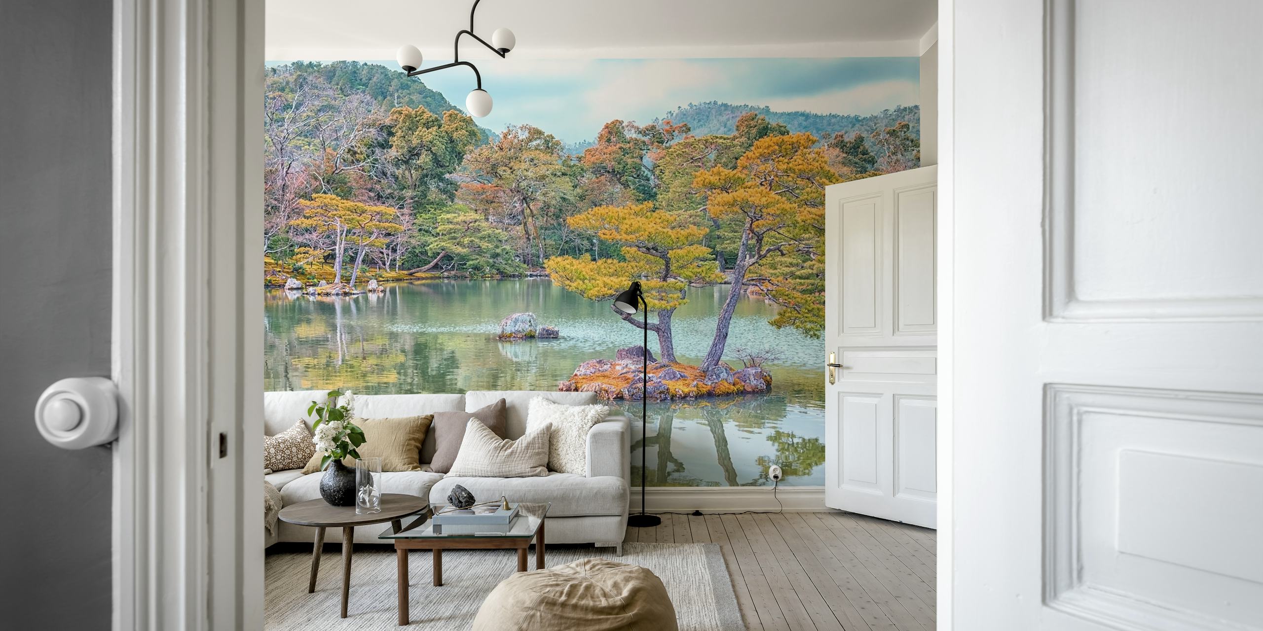 Japanese garden wall mural with autumn trees and pond