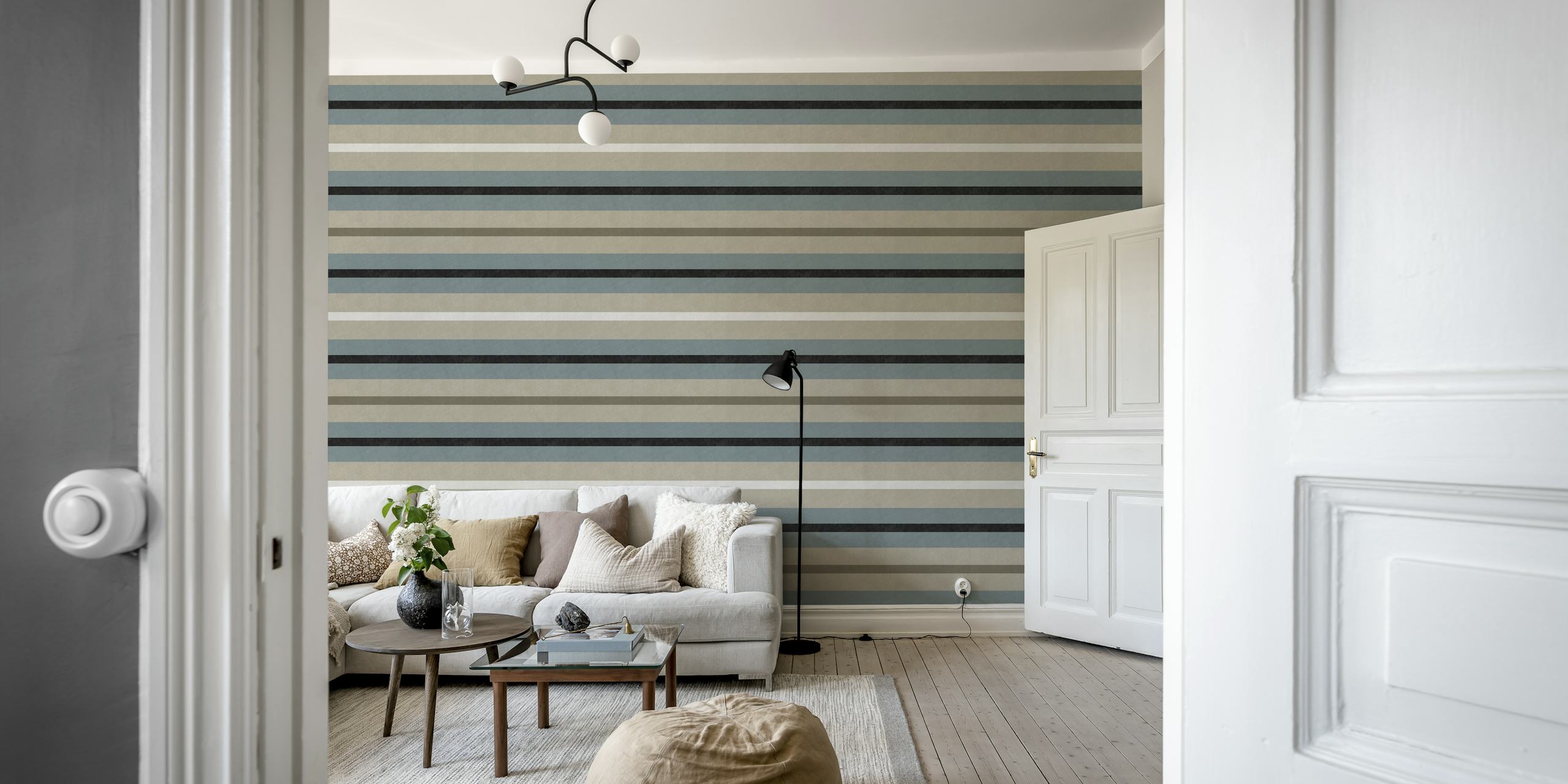 Stripes teal beige black papel pintado en un interior