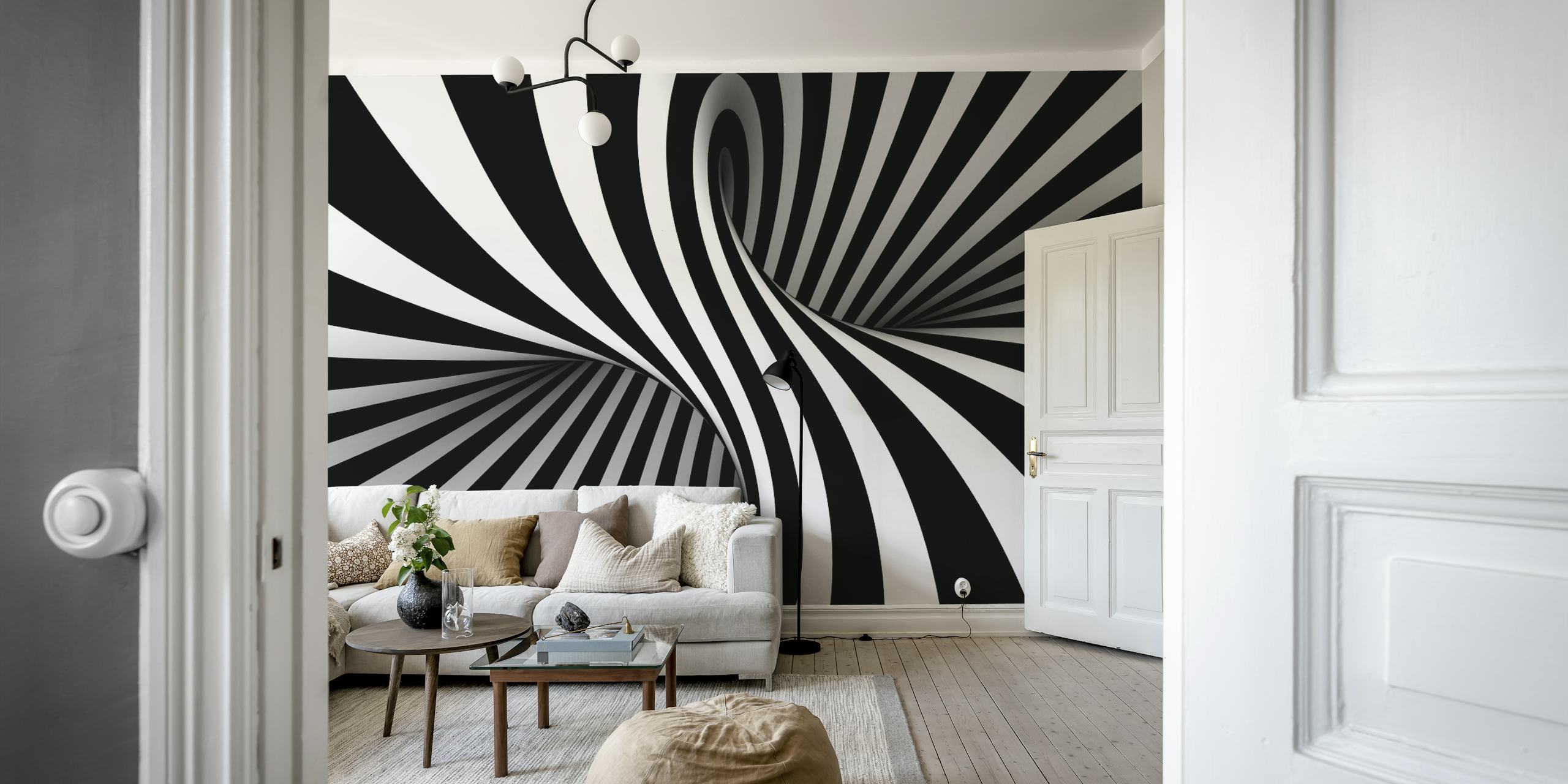 3D illusion wallpaper featuring black and white dynamic stripes